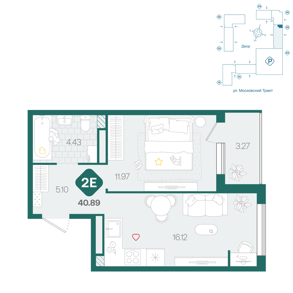 Планировка: Евродвушка 40.9 м² в ЖК Сибирский, Московский тракт