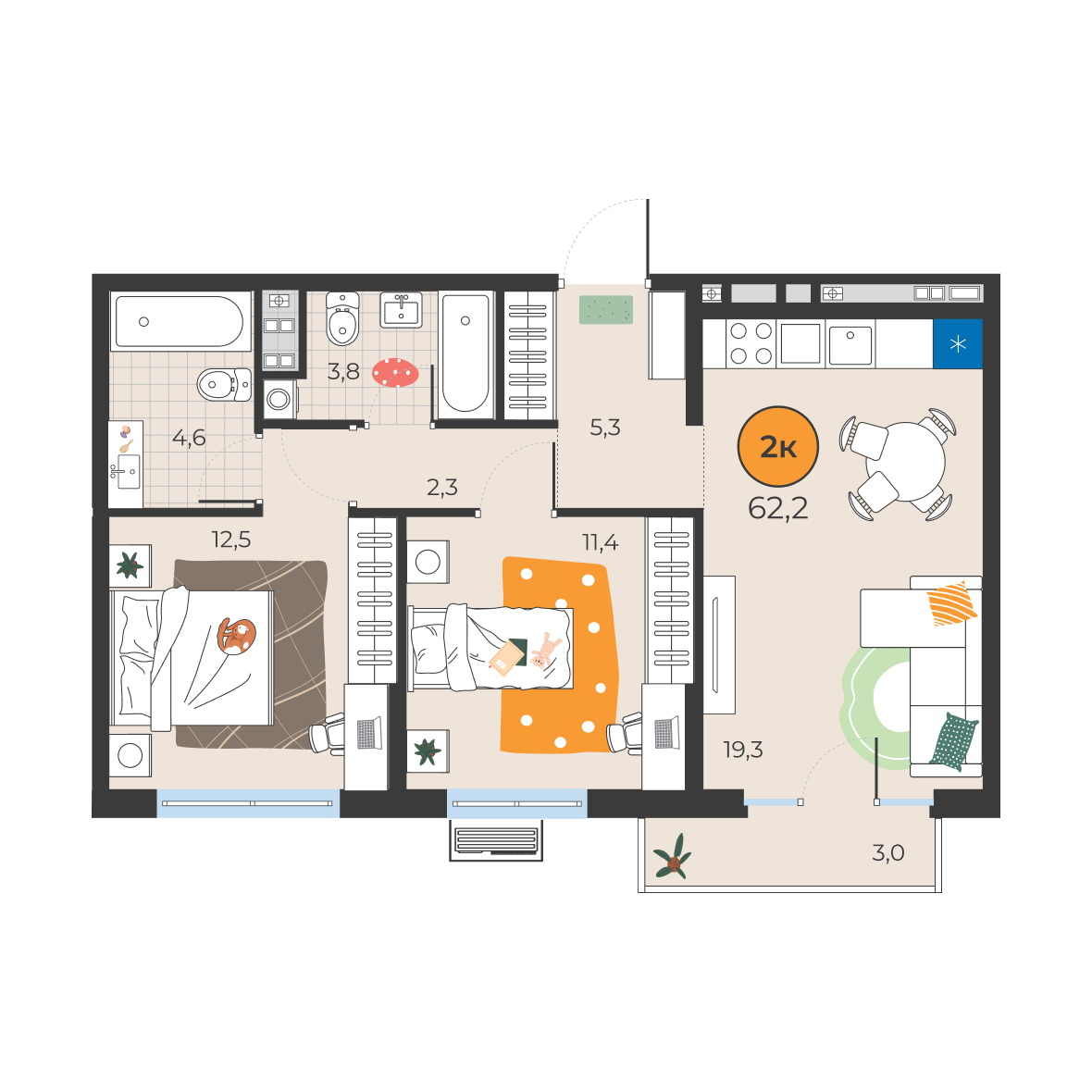 Планировка: Евротрешка 59.2 м² в ЖК Корней, Южный