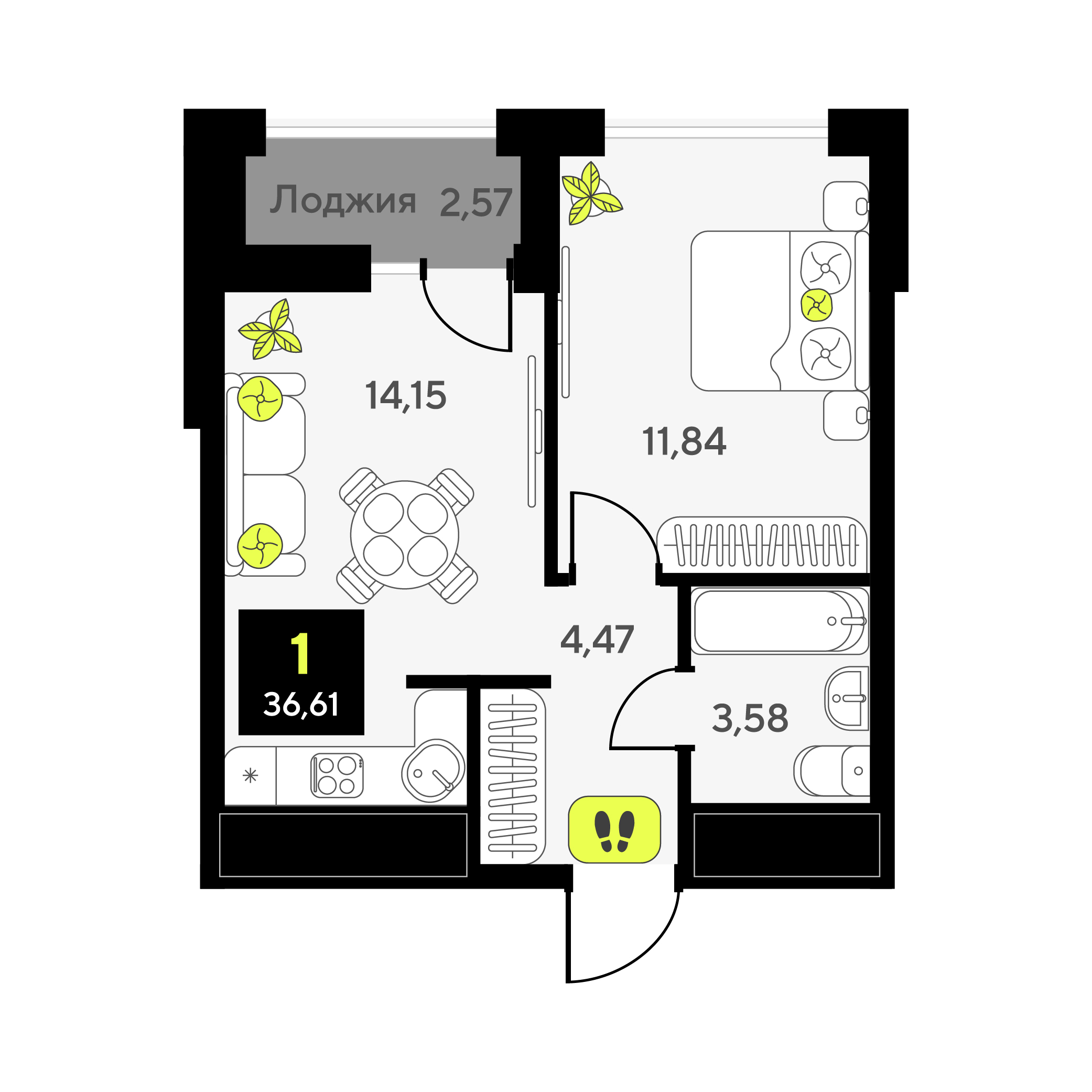 Планировка: Евродвушка 36.6 м² в ЖК Мотивы, От Плеханова до Южного
