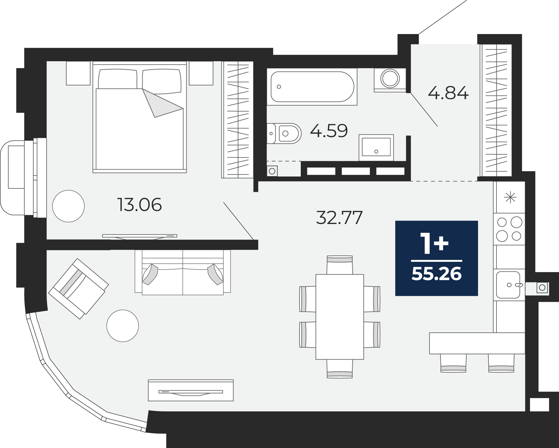 Планировка: Евродвушка 55.3 м² в ЖК Айвазовский, 5-й Заречный