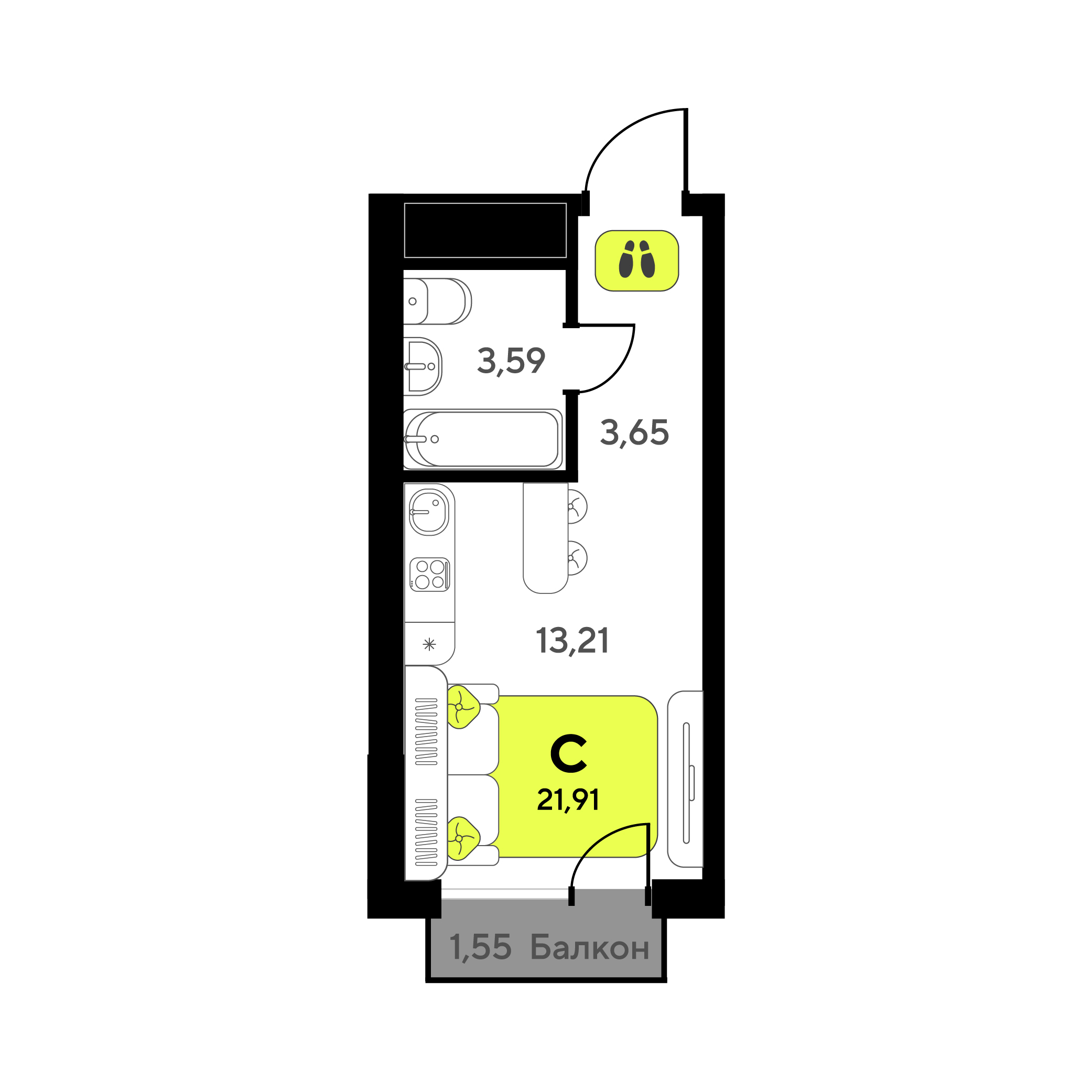 Планировка: Студия 21.9 м² в ЖК Мотивы, От Плеханова до Южного