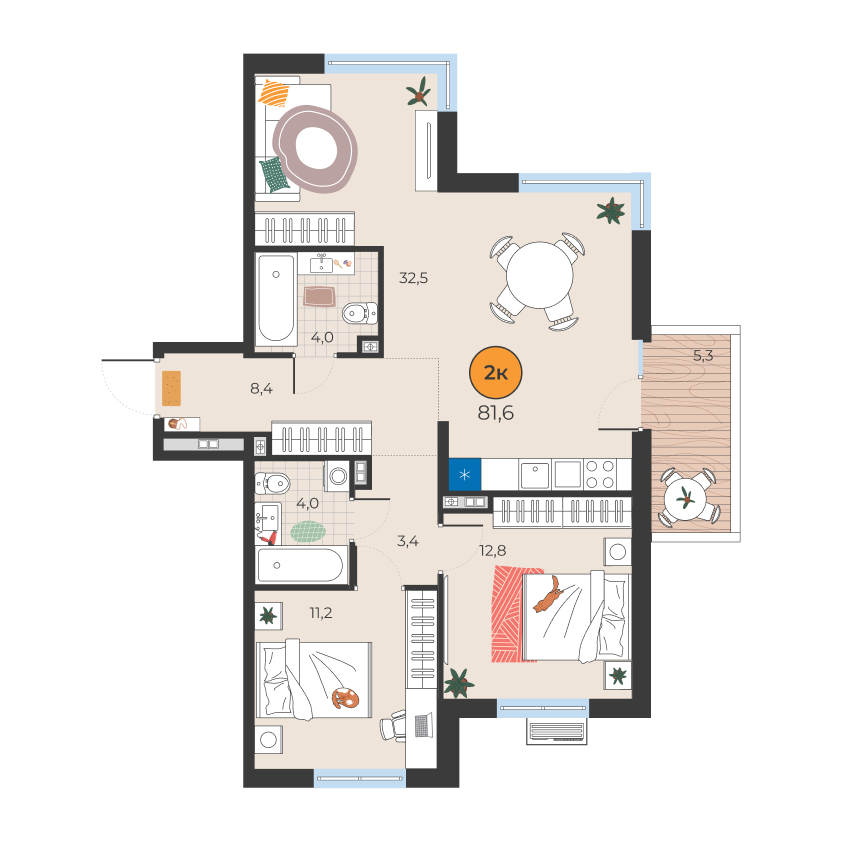 Планировка: Евротрешка 76.3 м² в ЖК Корней, Южный