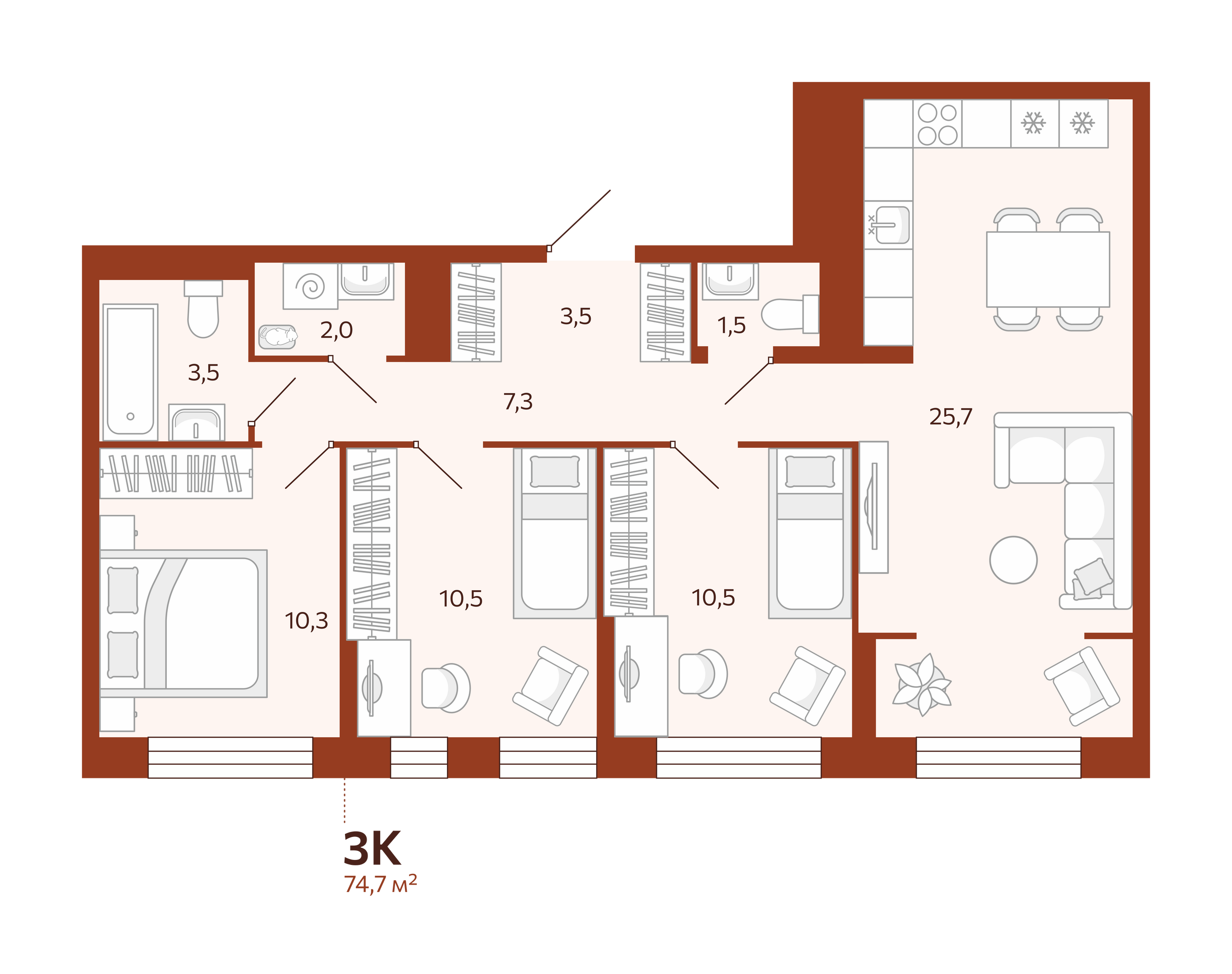 Планировка: 4-комнатная евро 74.7 м² в ЖК Новатор, Центр: КПД