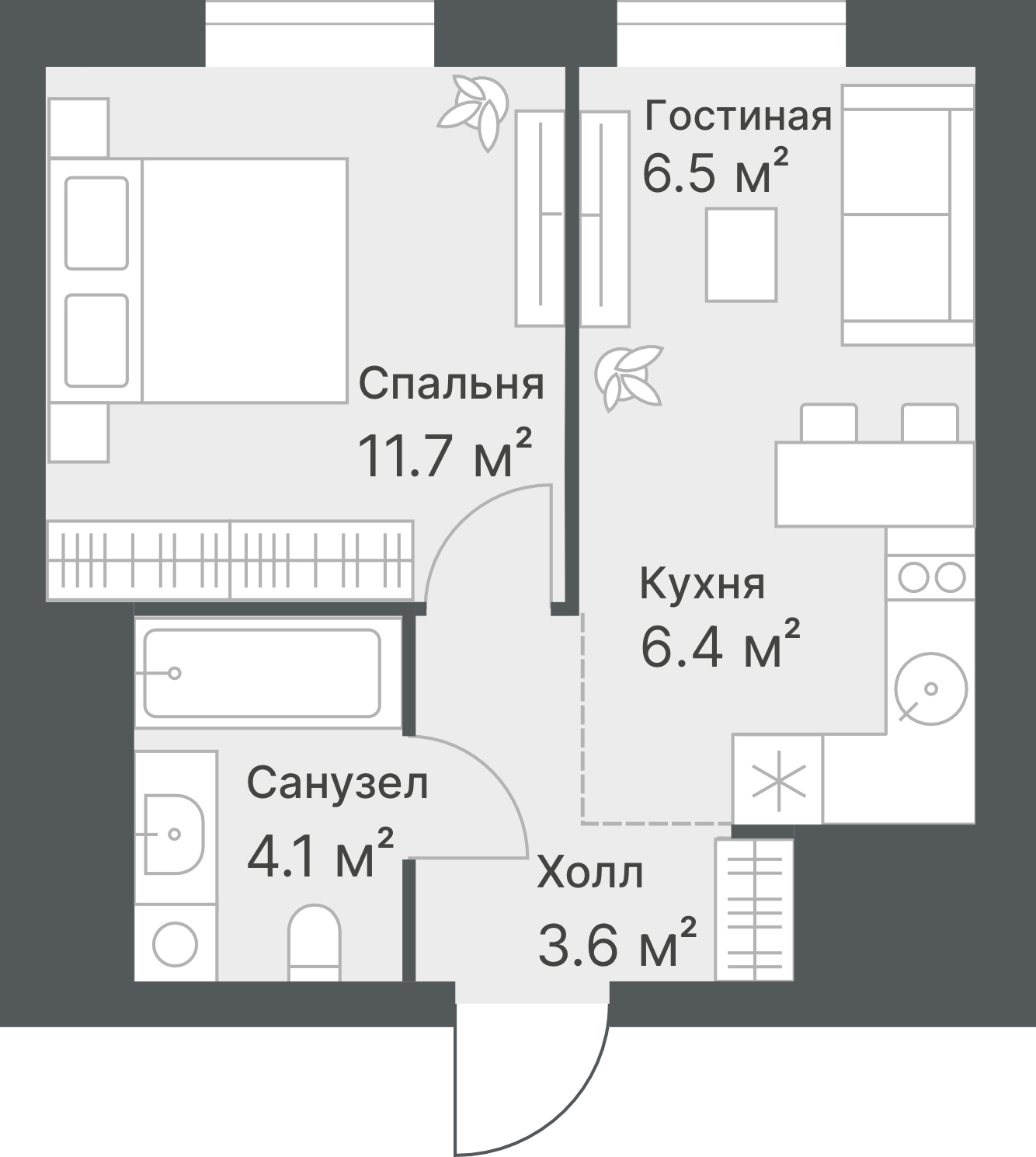 Планировка: 1-комнатная 32.2 м² в ЖК Дружеский, Плеханово