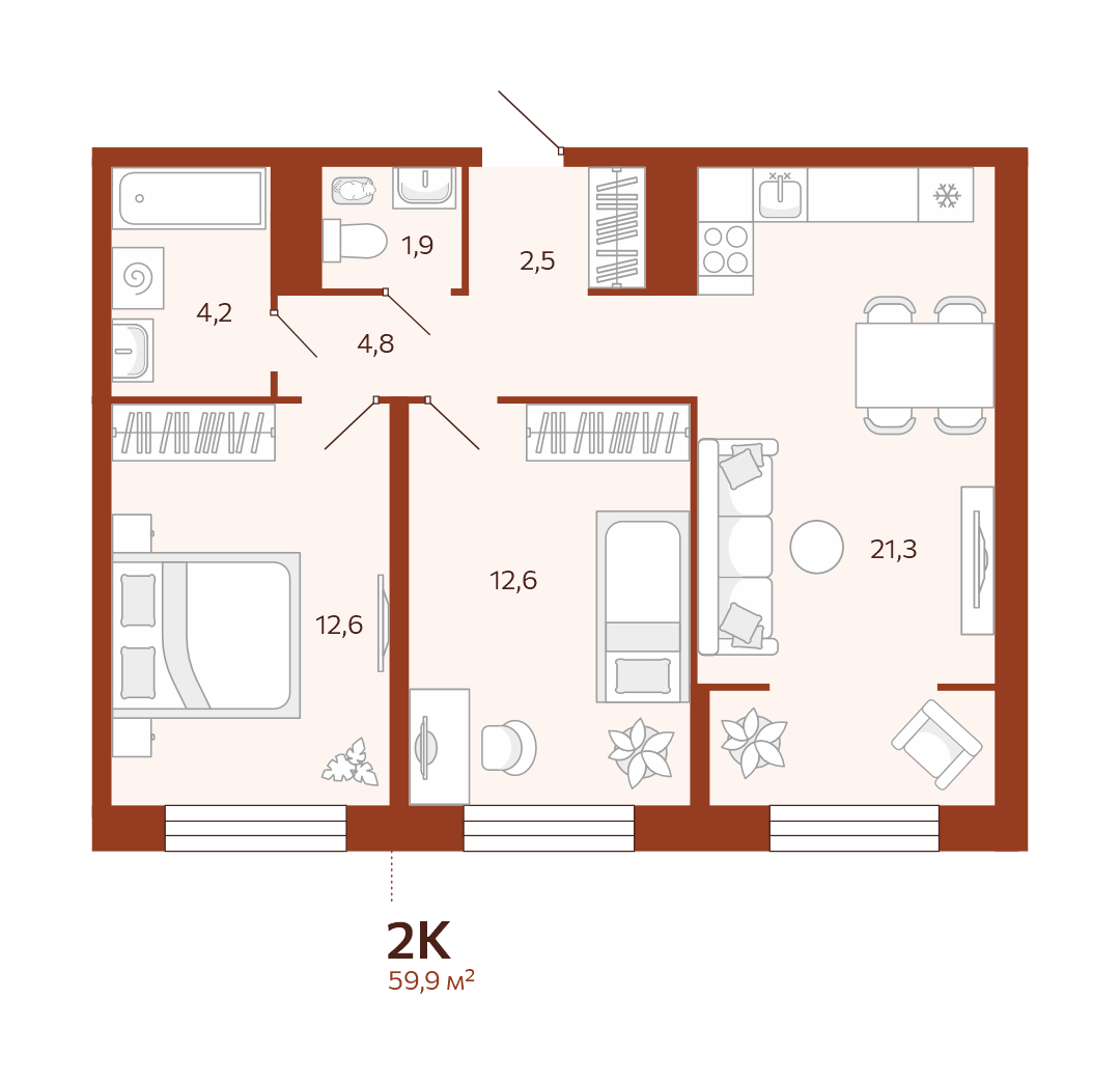 Планировка: Евротрешка 59.9 м² в ЖК Новатор, Центр: КПД