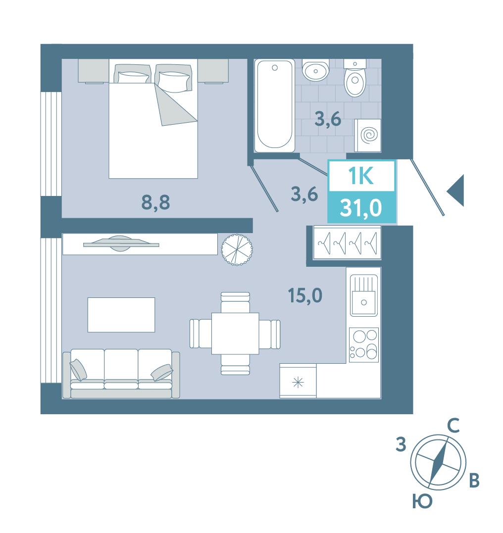 Планировка: Евродвушка 31 м² в ЖК AIRIS, Комарово Парк