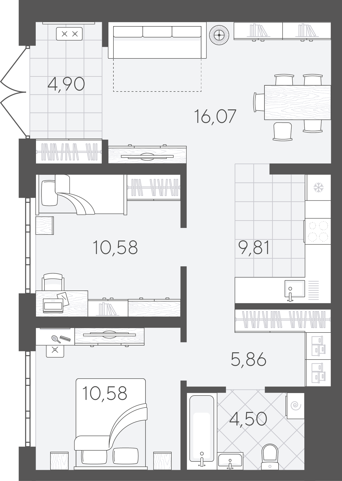 Планировка: Евротрешка 62.3 м² в ЖК Скандиа. Квартал в Слободе, Тюменская слобода