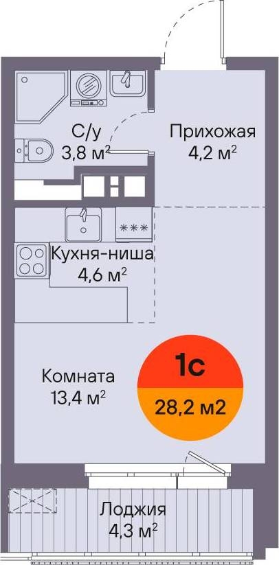 Планировка: Студия 28.2 м² в ЖК Восход, Матмасы