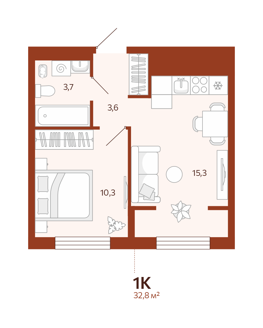 Планировка: Евродвушка 32.8 м² в ЖК Новатор, Центр: КПД