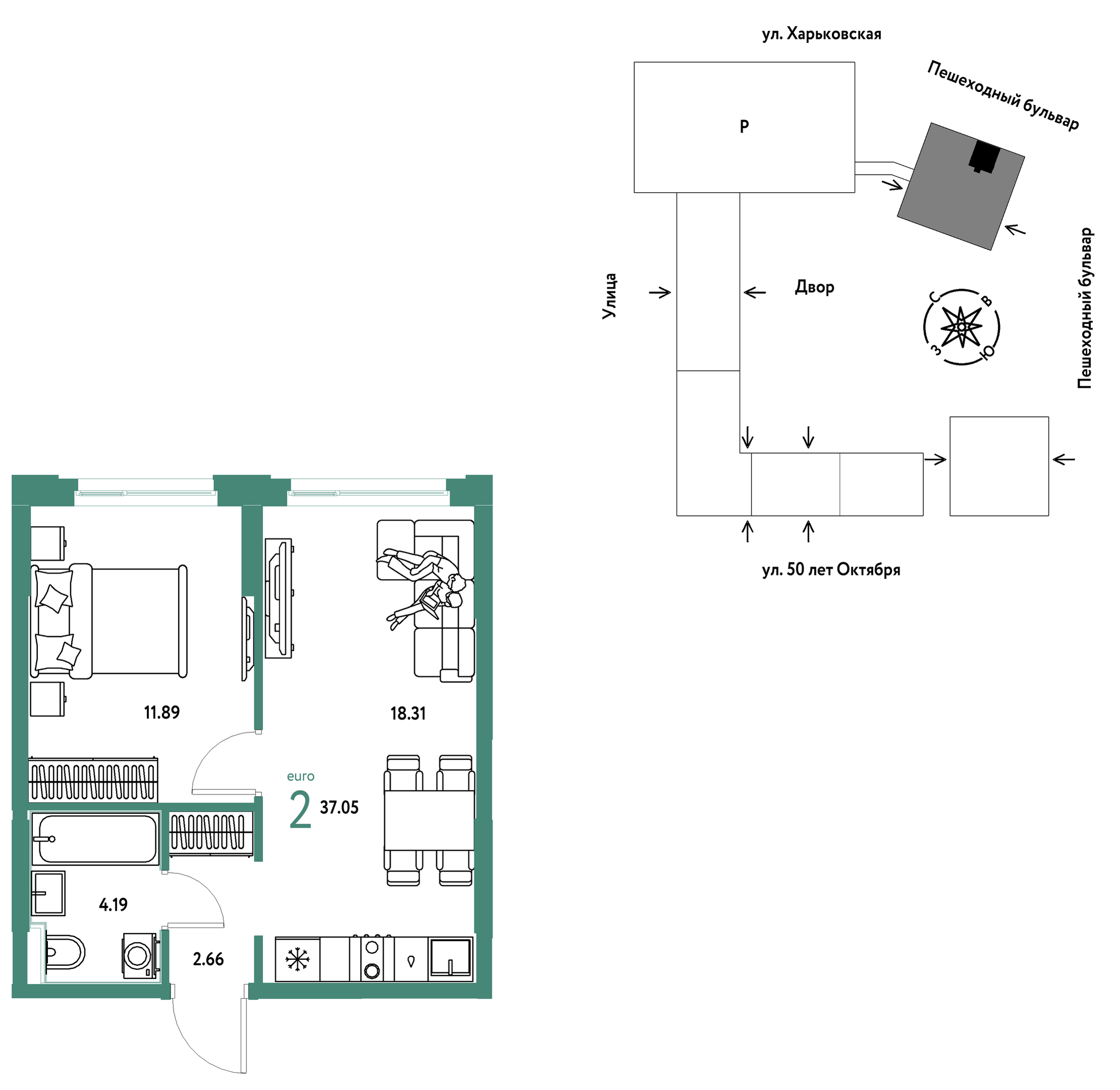 Планировка: Евродвушка 37 м² в ЖК Сердце Сибири, Центр: КПД