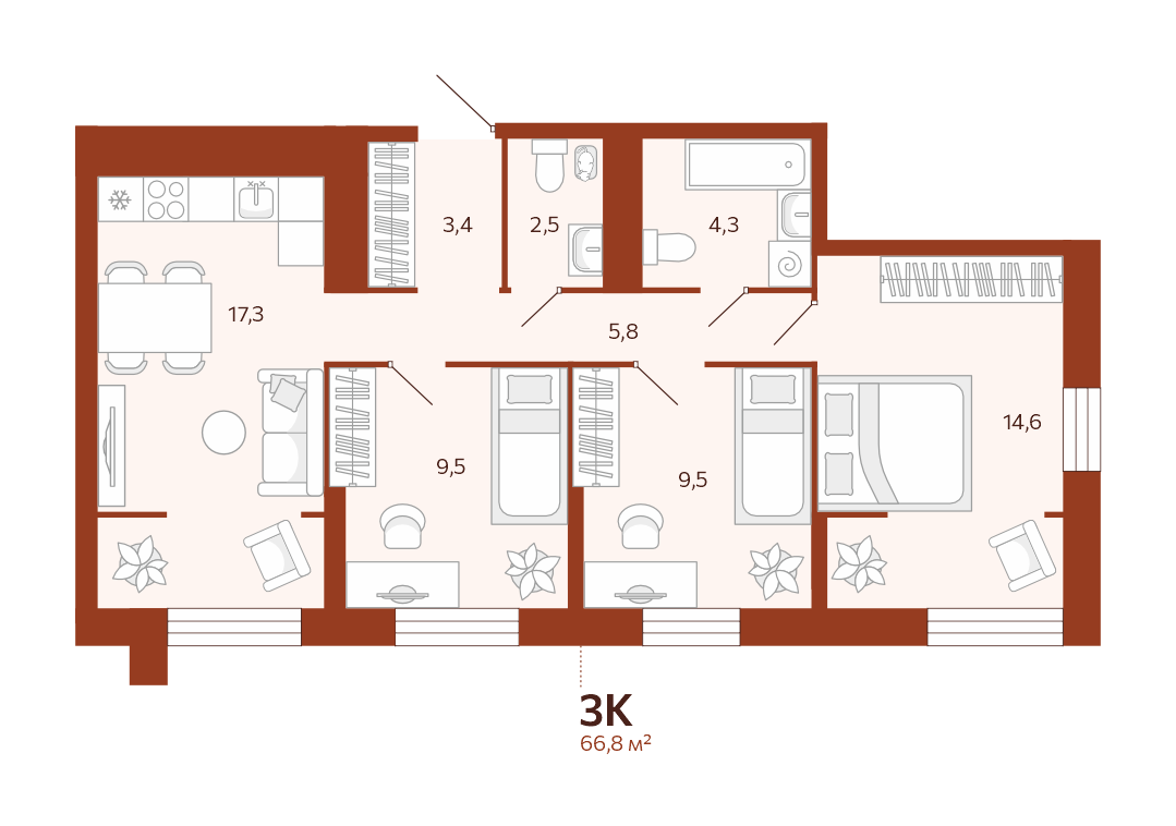 Планировка: 4-комнатная евро 66.8 м² в ЖК Новатор, Центр: КПД