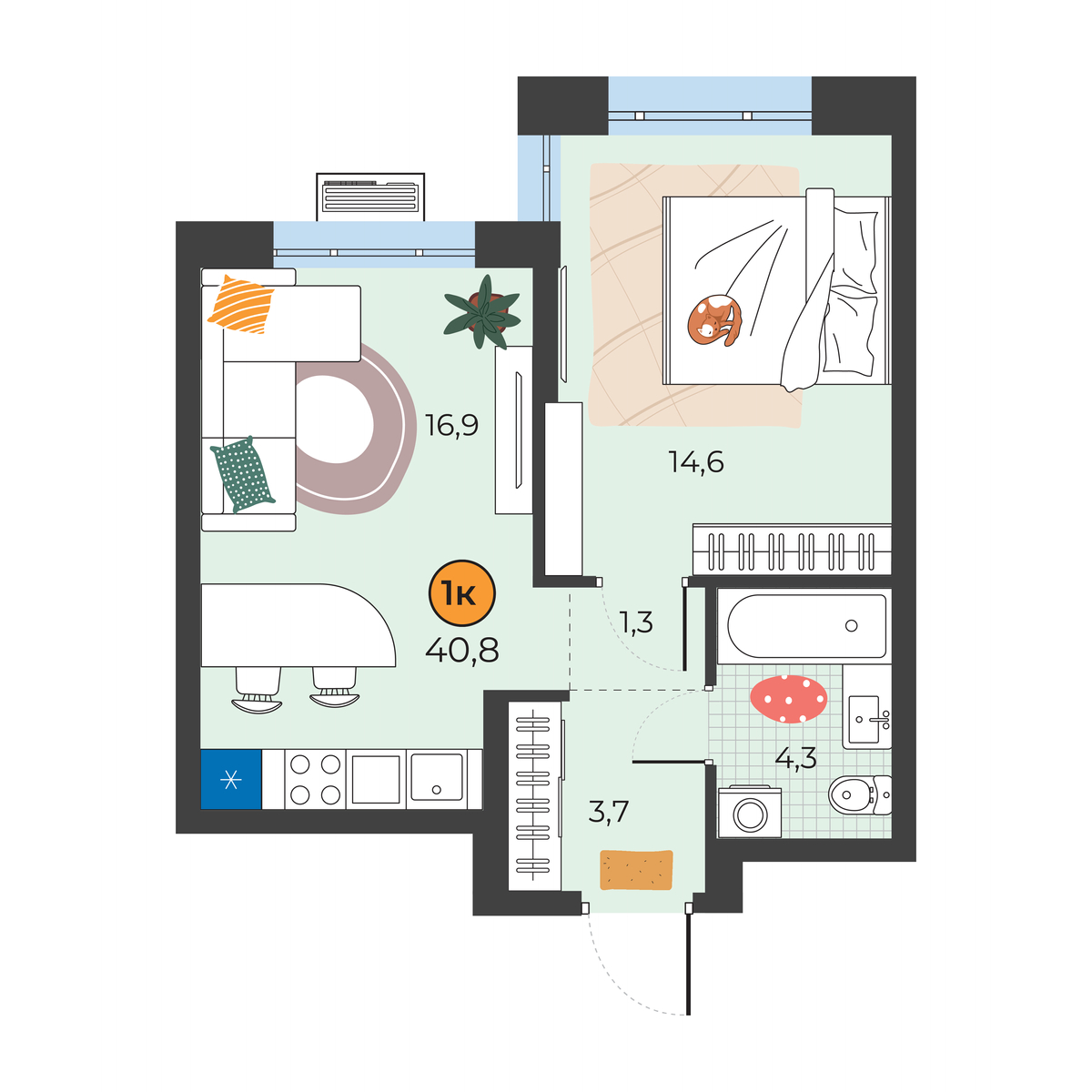 Планировка: Евродвушка 40.8 м² в ЖК Корней, Южный