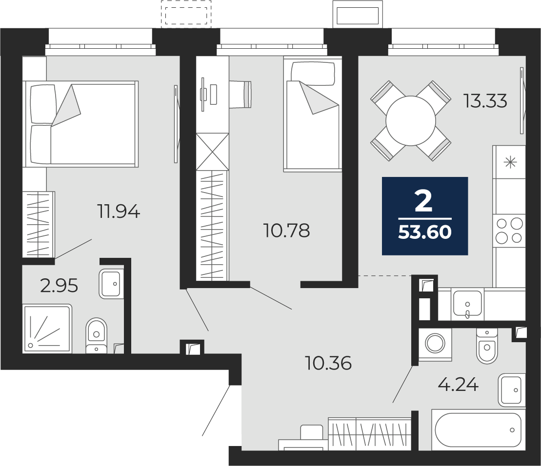 Планировка: Евротрешка 53.6 м² в ЖК Беринг, Лесобаза