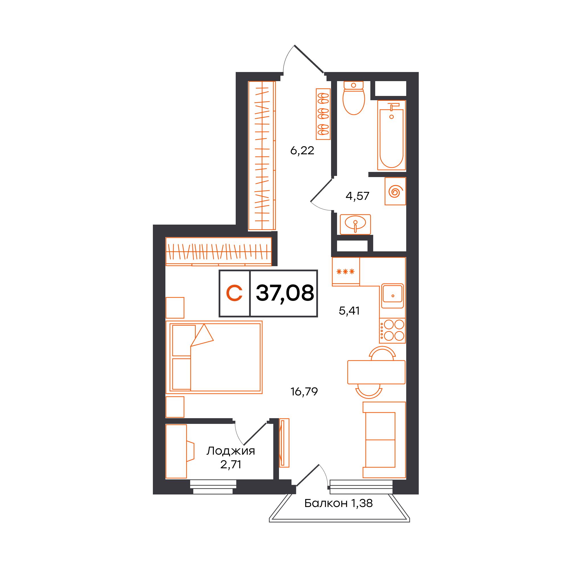 Планировка: Студия 37.1 м² в ЖК Отличие, Комарово Парк