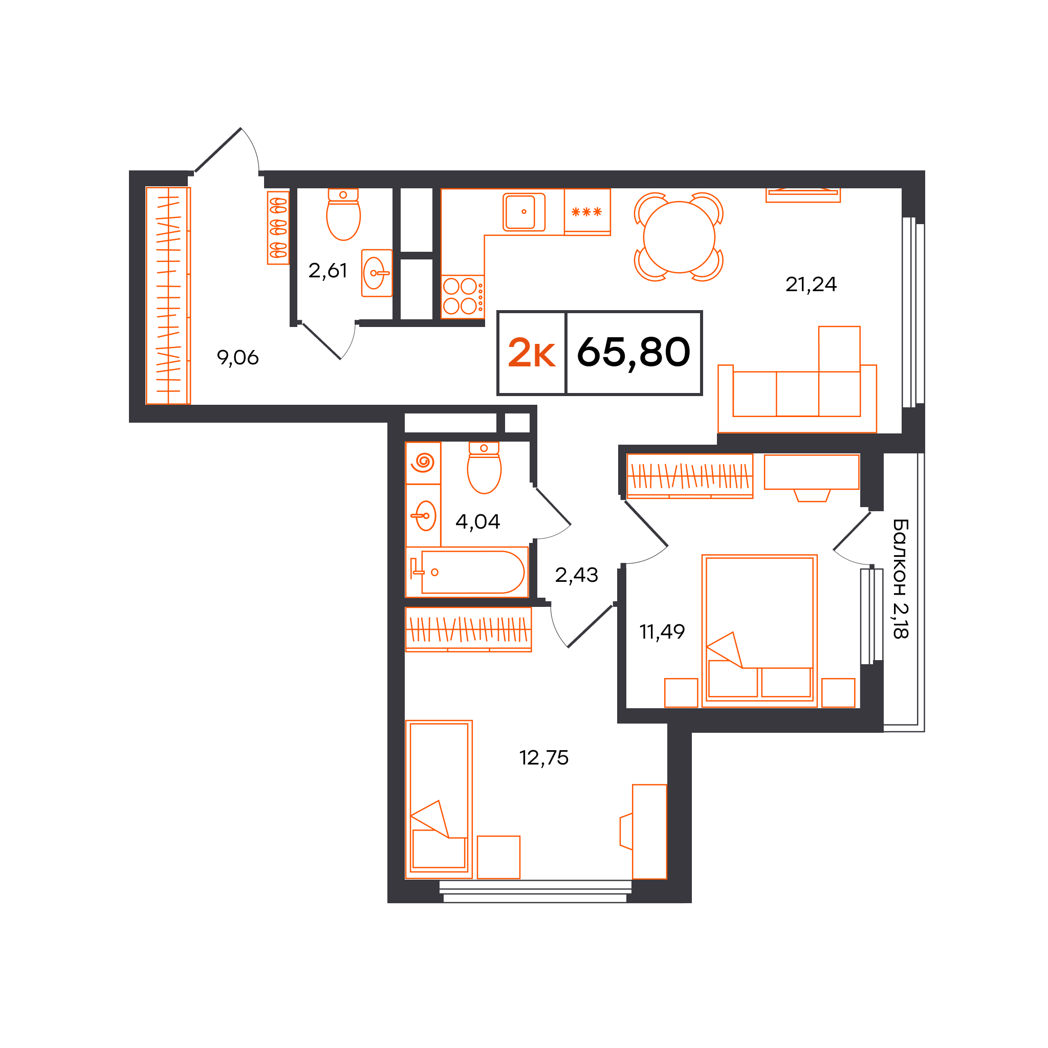 Планировка: Евротрешка 65.8 м² в ЖК Отличие, Комарово Парк