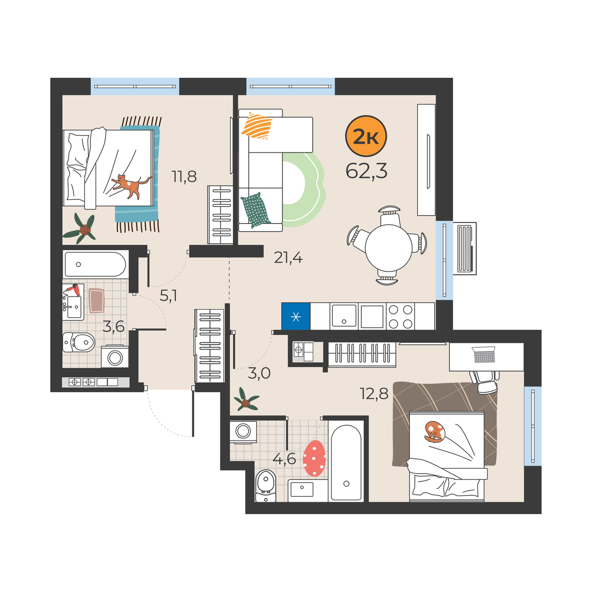 Планировка: Евротрешка 62.3 м² в ЖК Корней, Южный