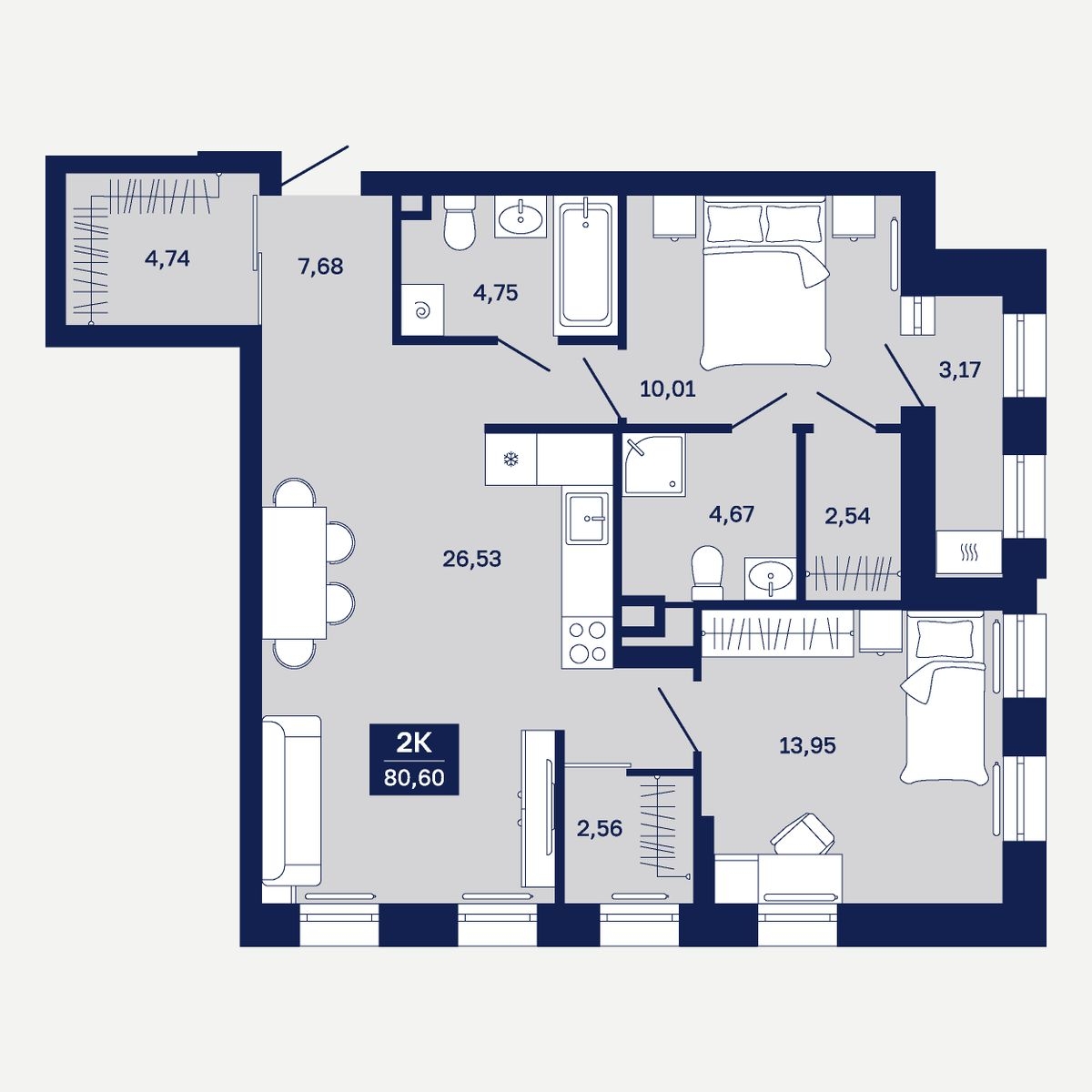 Планировка: Евротрешка 80.6 м² в ЖК Дом на Ямской, Дом Обороны