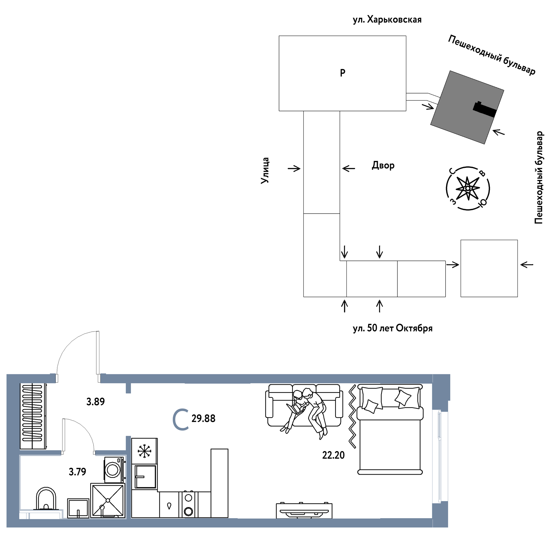 Планировка: Студия 29.9 м² в ЖК Сердце Сибири, Центр: КПД