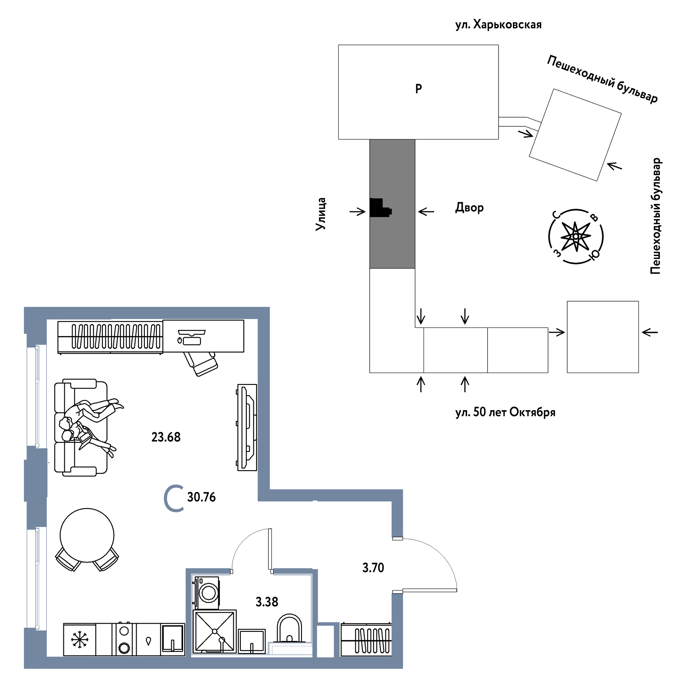 Планировка: Студия 30.8 м² в ЖК Сердце Сибири, Центр: КПД