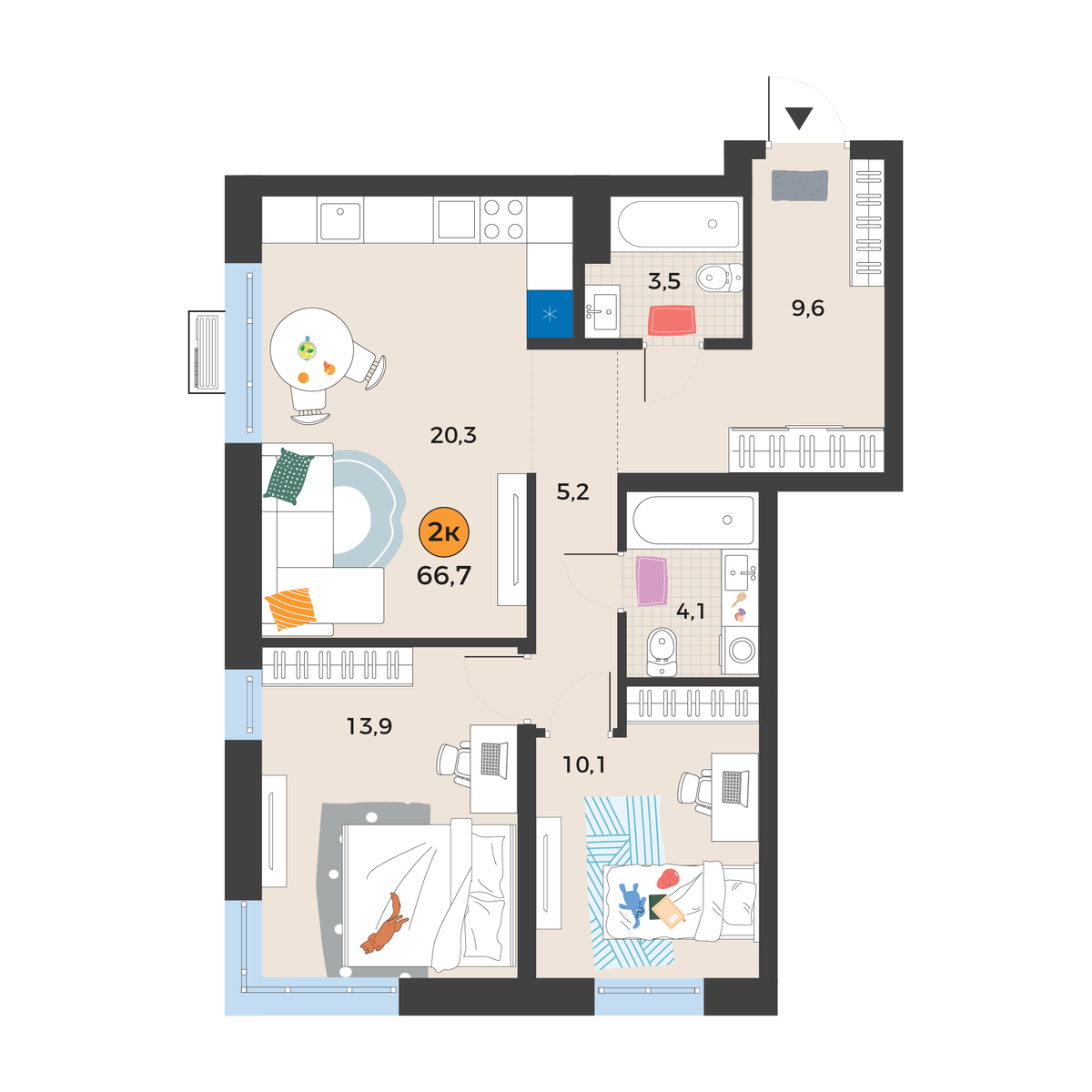 Планировка: Евротрешка 66.7 м² в ЖК Корней, Южный