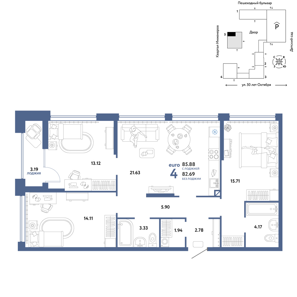 Планировка: Формат уточняется 85.9 м² в ЖК Сердце Сибири, Центр: КПД