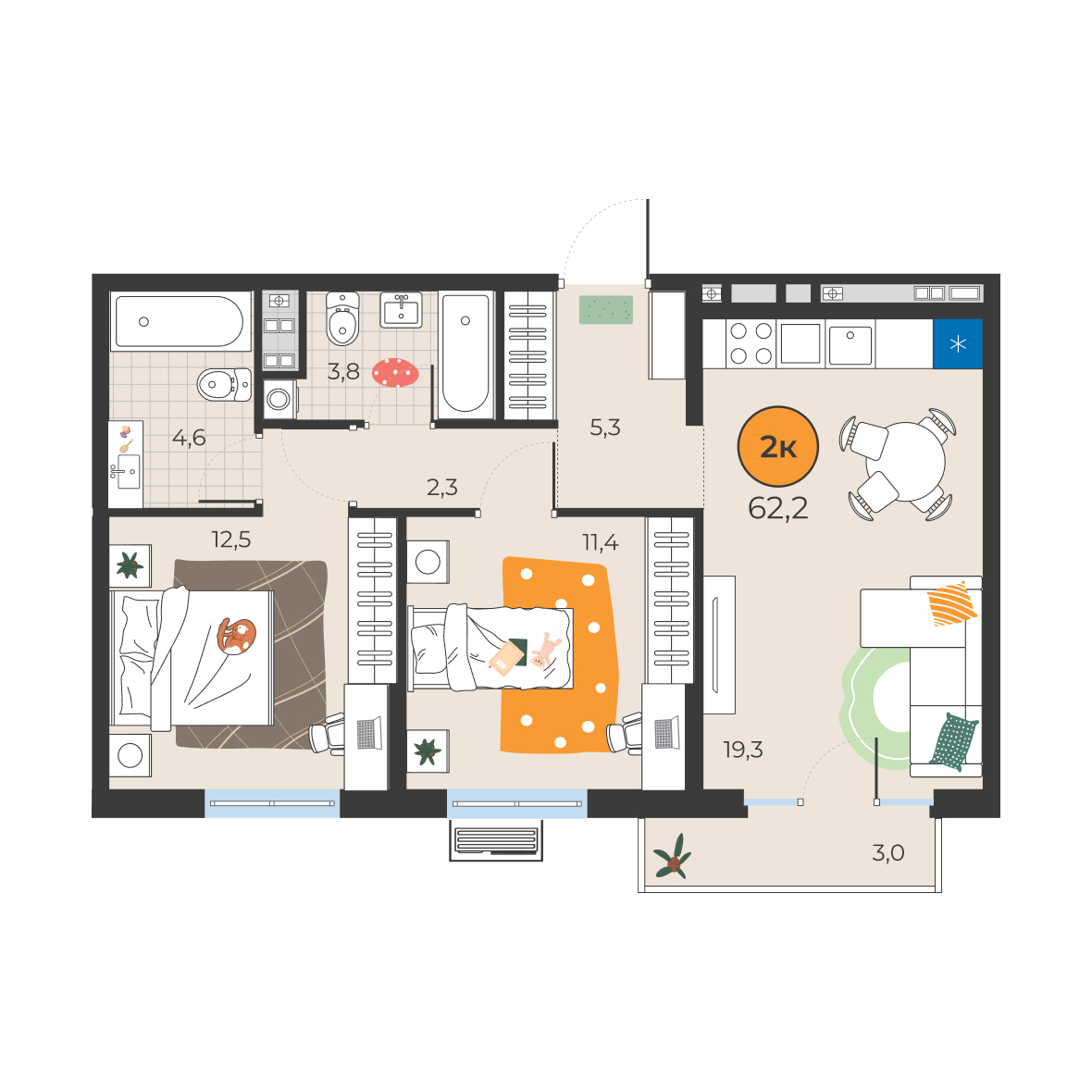 Планировка: Евротрешка 59.2 м² в ЖК Корней, Южный