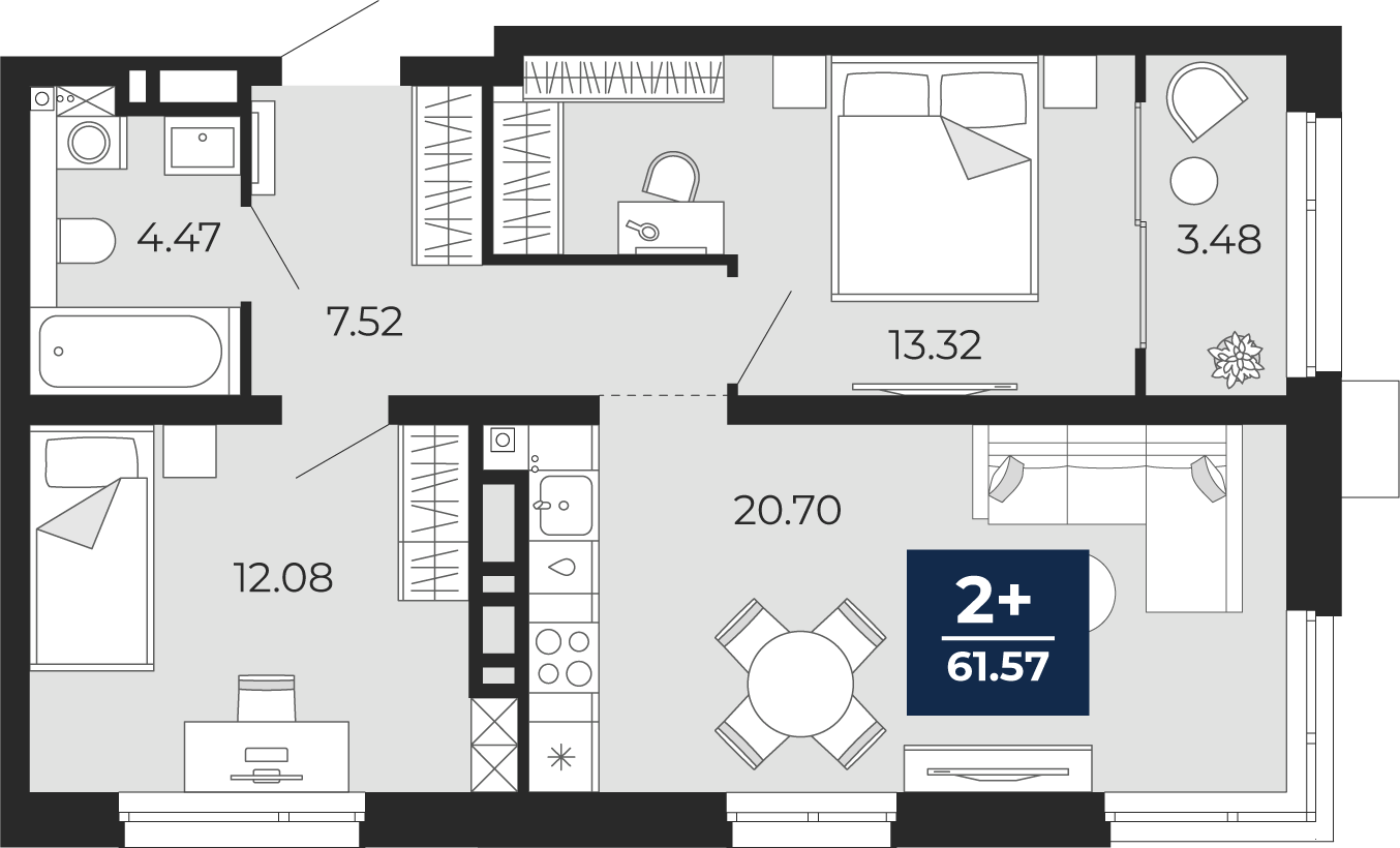 Планировка: Евротрешка 58.1 м² в ЖК Прео, Тюменская слобода