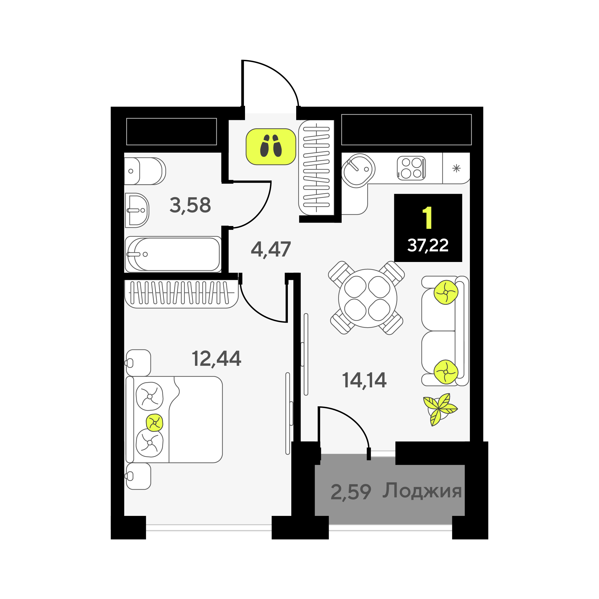 Планировка: Евродвушка 37.2 м² в ЖК Мотивы, От Плеханова до Южного