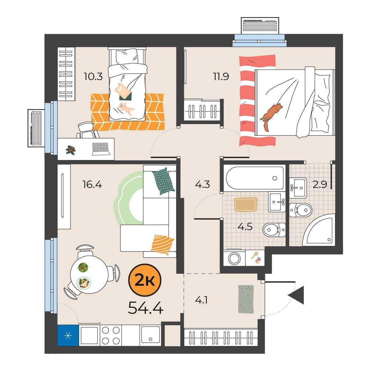 Планировка: Формат уточняется 54.4 м² в ЖК Корней, Южный