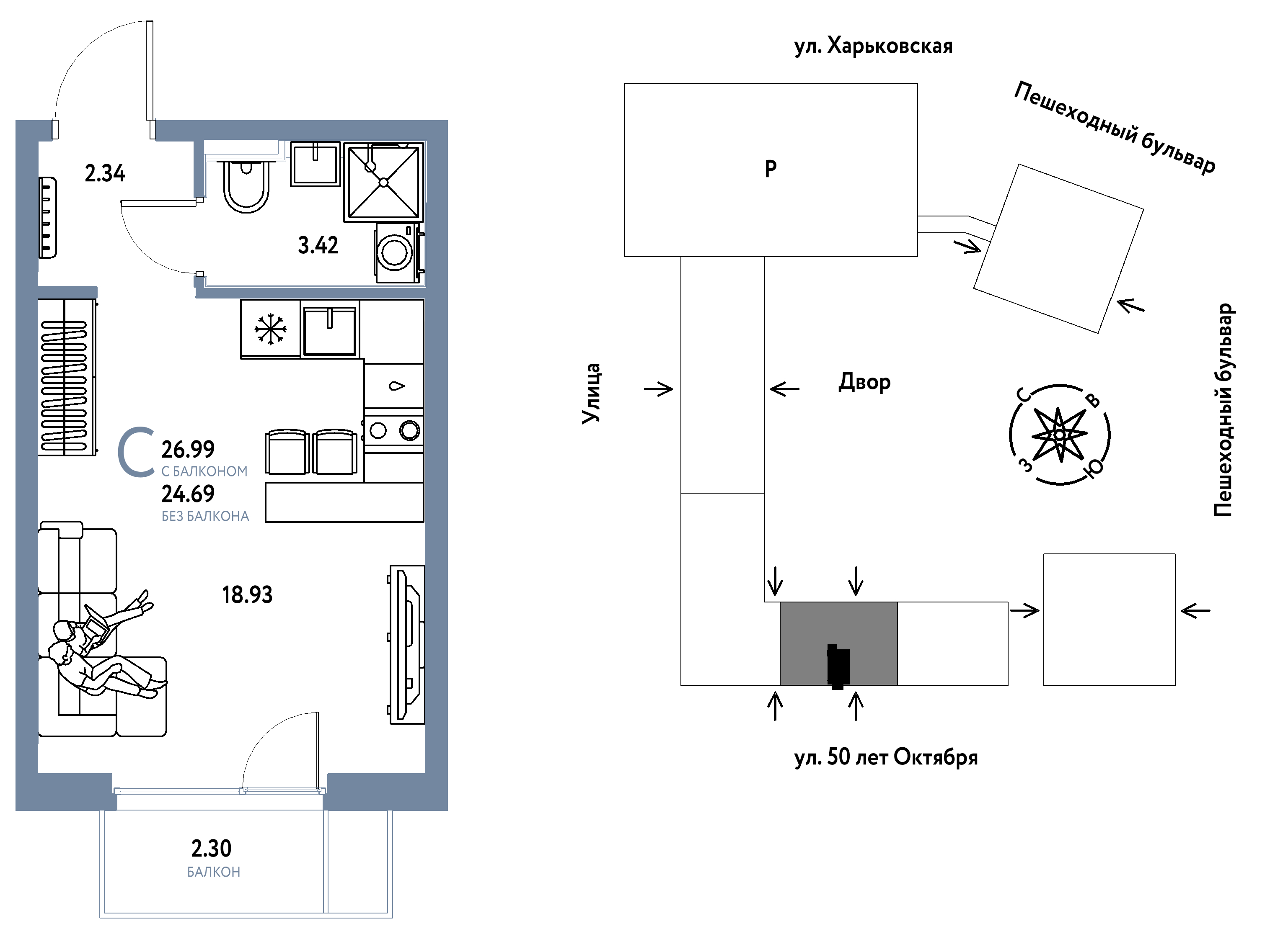 Планировка: Студия 27 м² в ЖК Сердце Сибири, Центр: КПД
