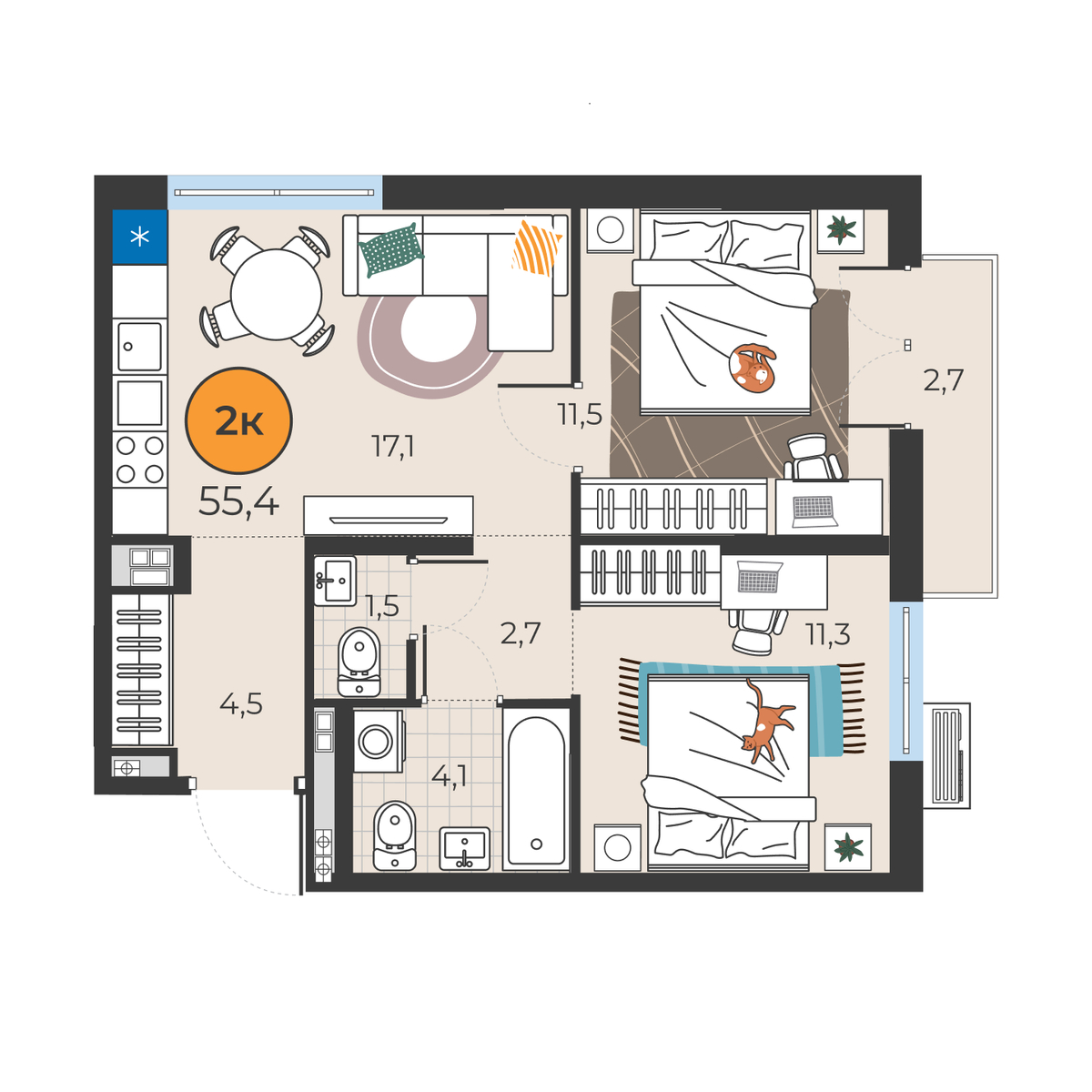 Планировка: Евротрешка 52.7 м² в ЖК Корней, Южный