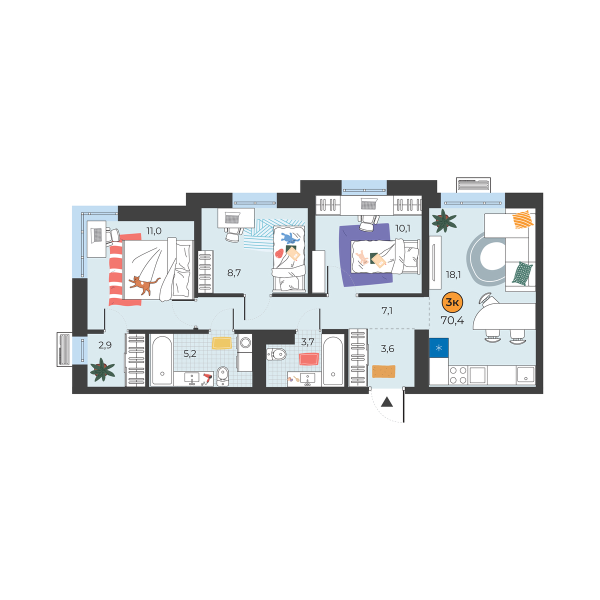 Планировка: 4-комнатная евро 70.3 м² в ЖК Корней, Южный