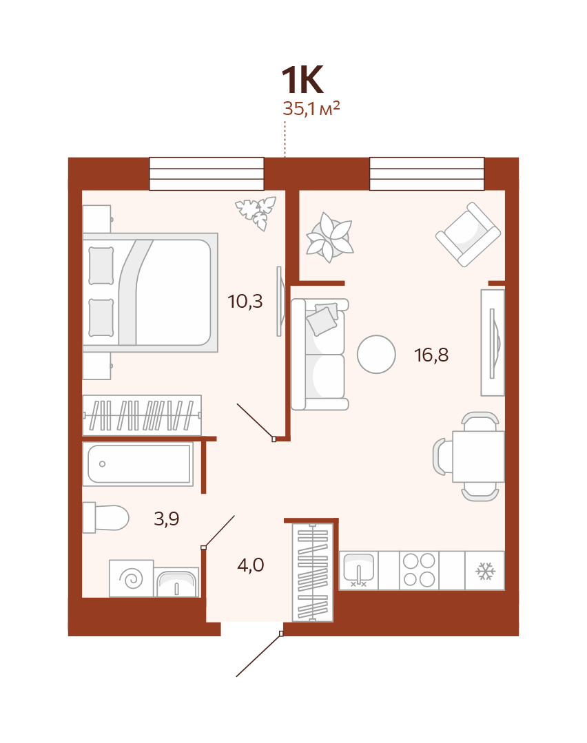 Планировка: Евродвушка 35.1 м² в ЖК Новатор, Центр: КПД