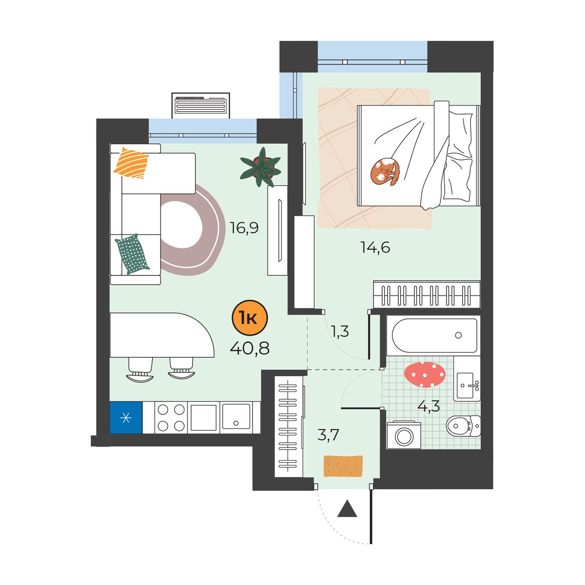 Планировка: Евродвушка 40.8 м² в ЖК Корней, Южный
