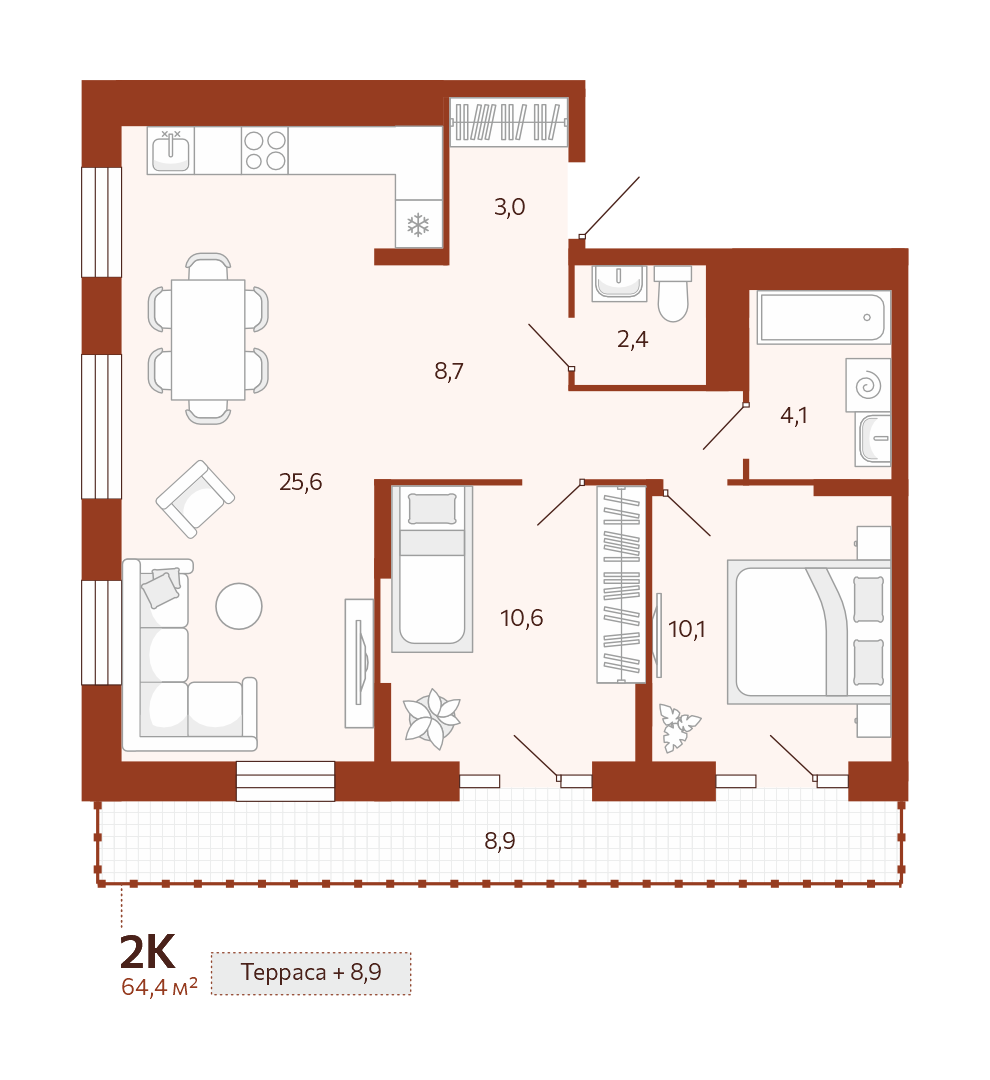 Планировка: Евротрешка 64.4 м² в ЖК Новатор, Центр: КПД