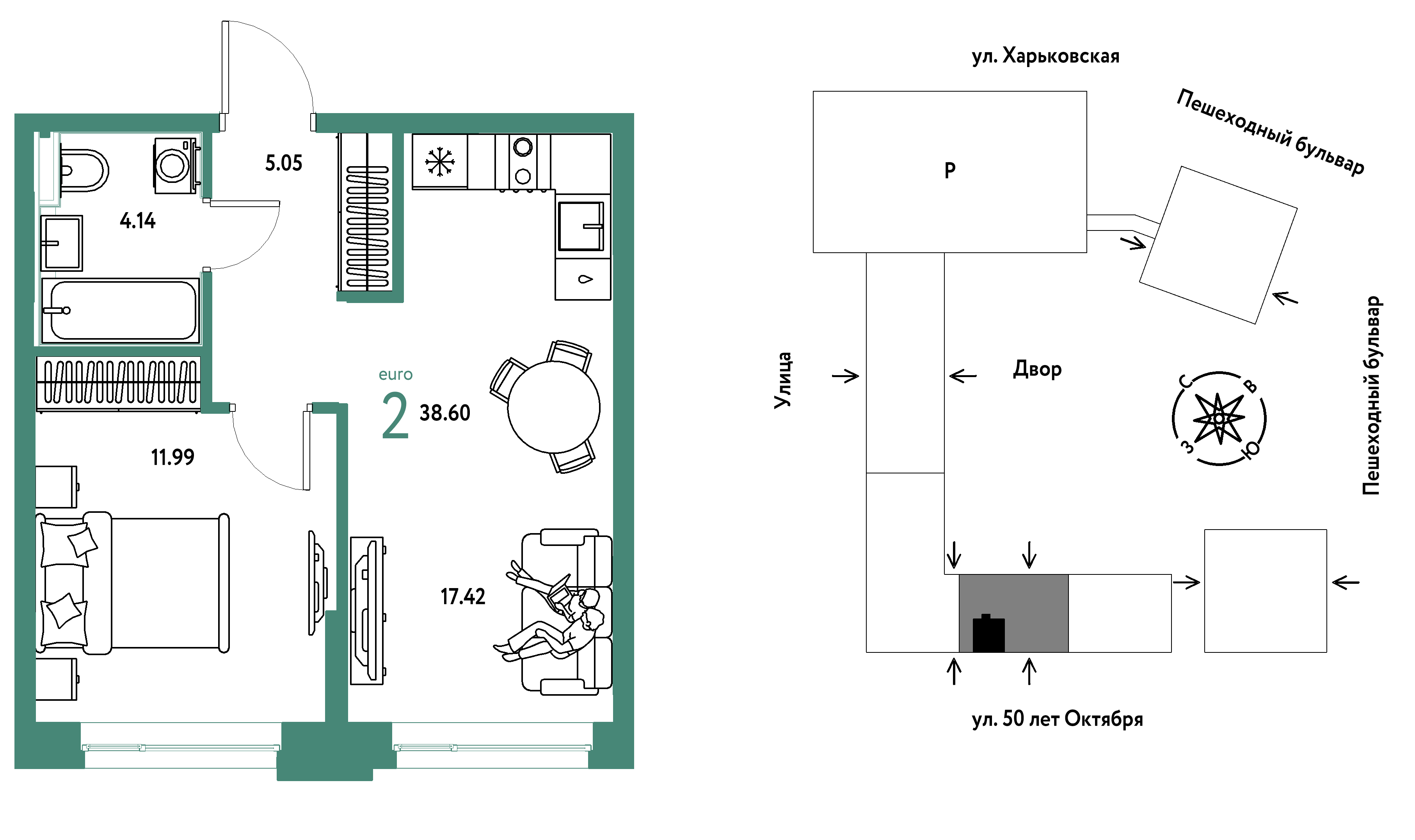Планировка: Евродвушка 38.6 м² в ЖК Сердце Сибири, Центр: КПД