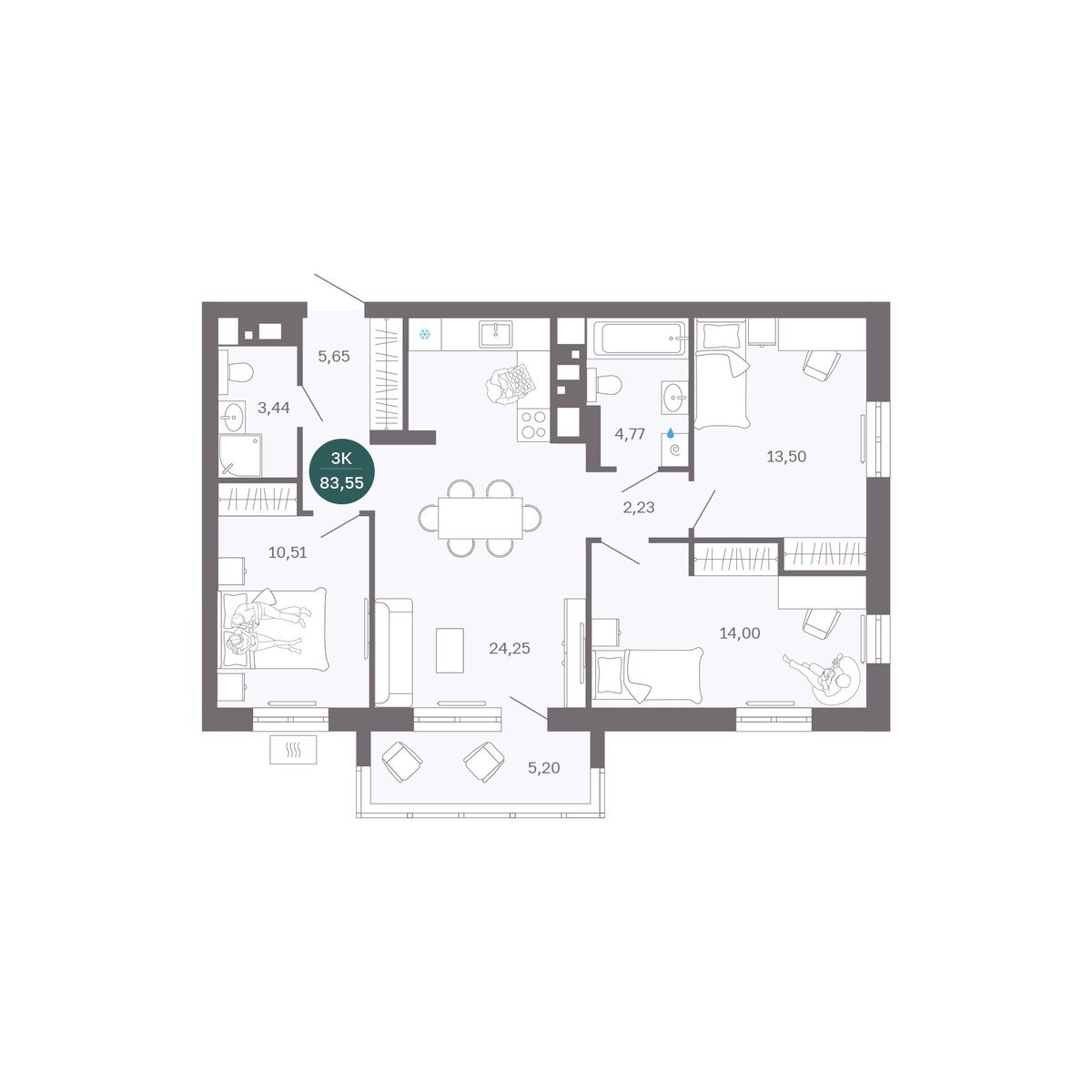 Планировка: 4-комнатная евро 83.5 м² в ЖК Румянский, Центр: Студгородок