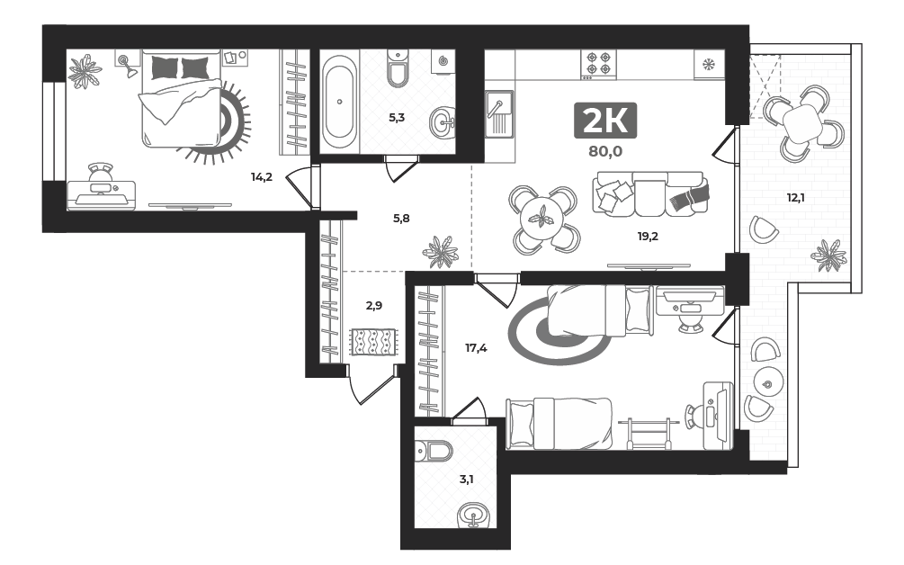 Планировка: Евротрешка 77.7 м² в ЖК Маэстро, 5-й Заречный