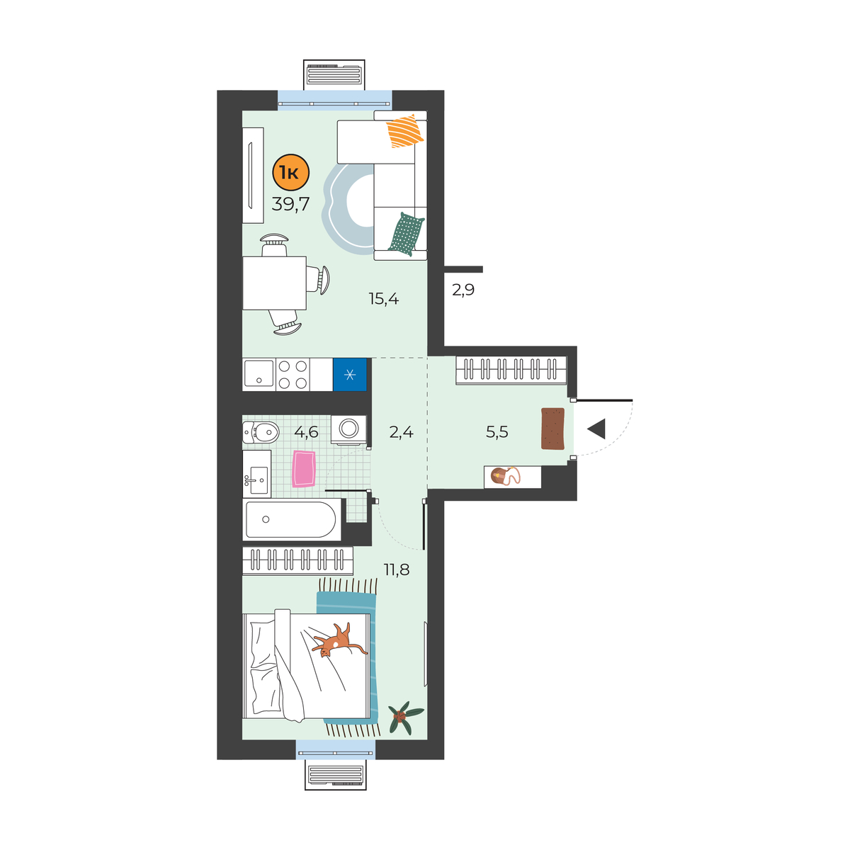 Планировка: Евродвушка 39.7 м² в ЖК Корней, Южный