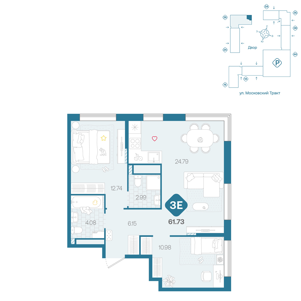 Планировка: Евротрешка 61.7 м² в ЖК Сибирский, Московский тракт