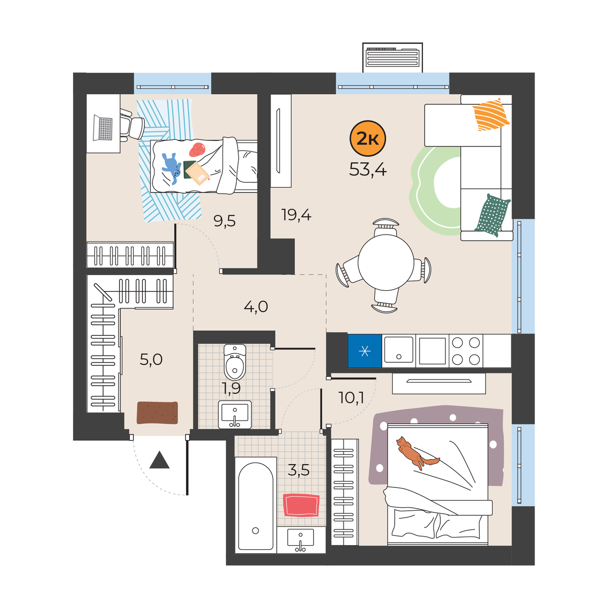 Планировка: Евротрешка 53.2 м² в ЖК Корней, Южный