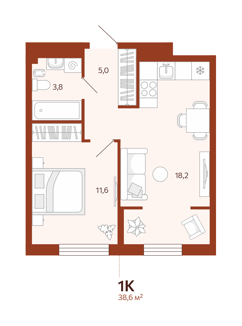 Планировка: Евродвушка 38.6 м² в ЖК Новатор, Центр: КПД