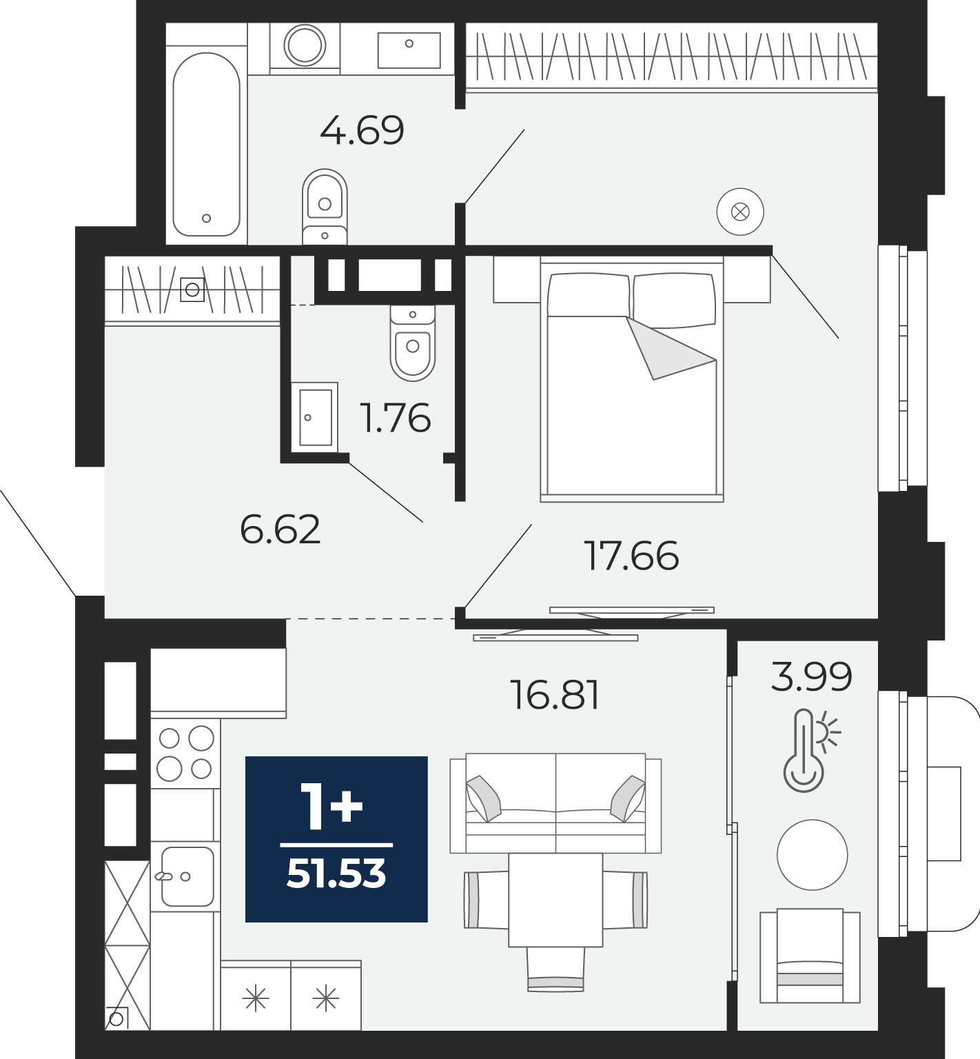 Планировка: Евродвушка 51.5 м² в ЖК Айвазовский, 5-й Заречный