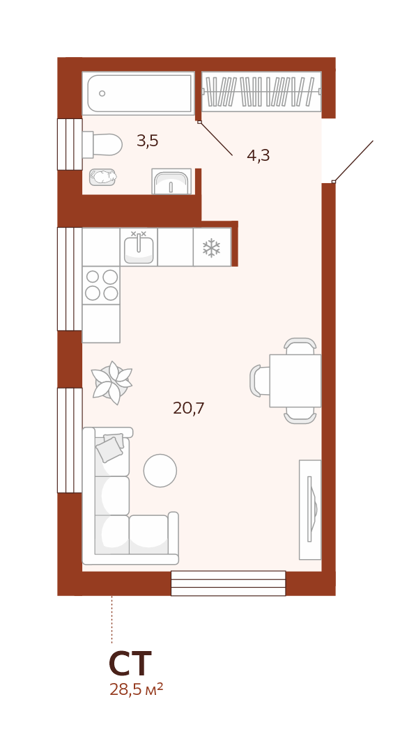Планировка: Студия 28.5 м² в ЖК Новатор, Центр: КПД
