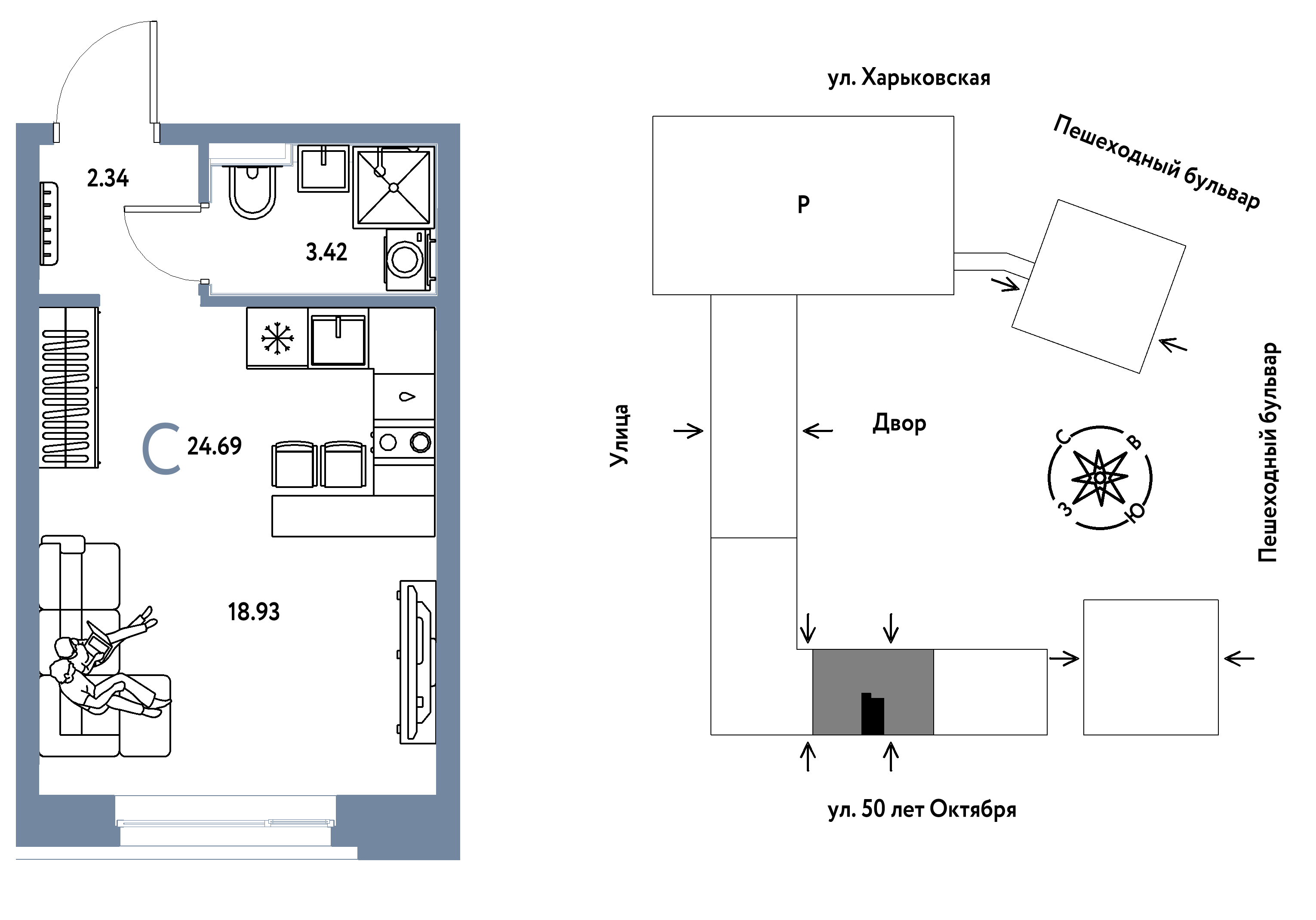 Планировка: Студия 24.7 м² в ЖК Сердце Сибири, Центр: КПД