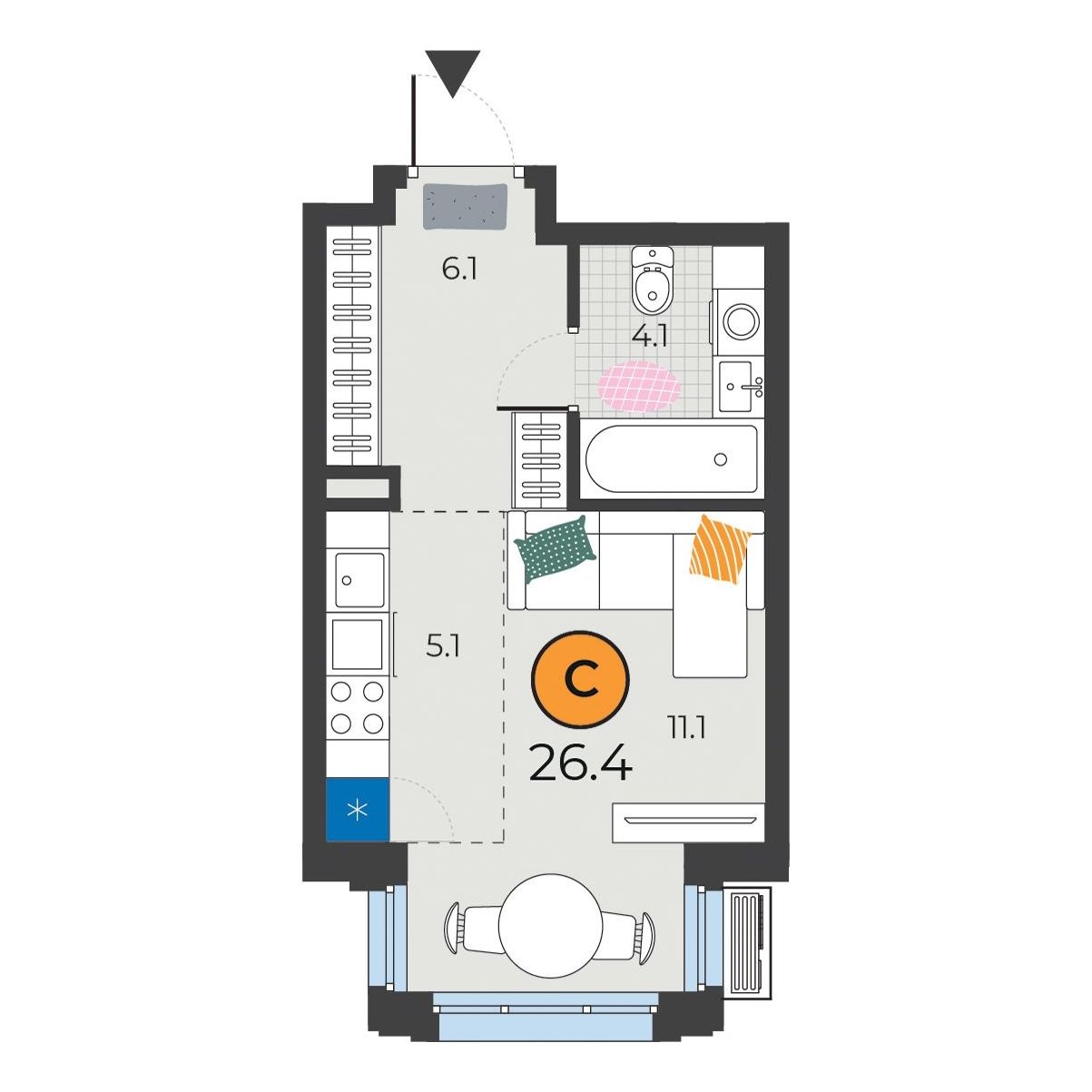 Планировка: Студия 26.4 м² в ЖК Корней, Южный