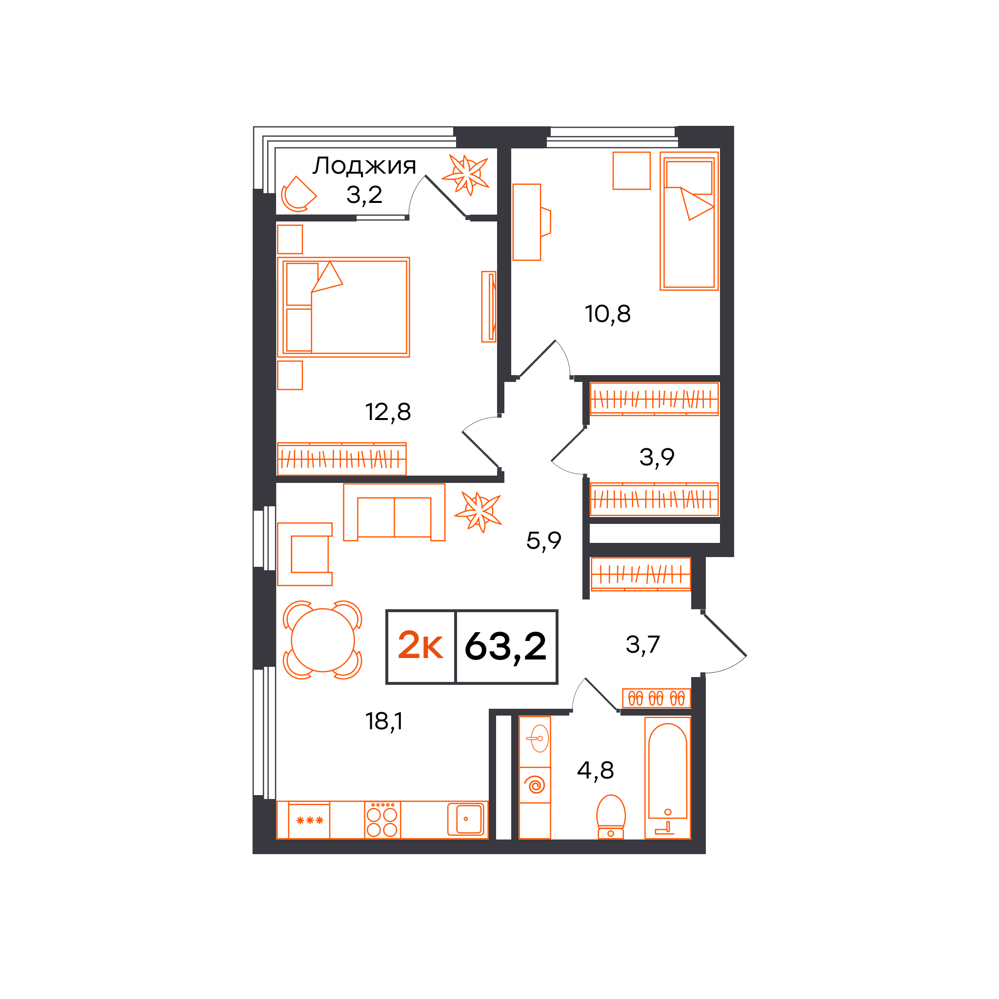 Планировка: Евротрешка 63.2 м² в ЖК Отличие, Комарово Парк