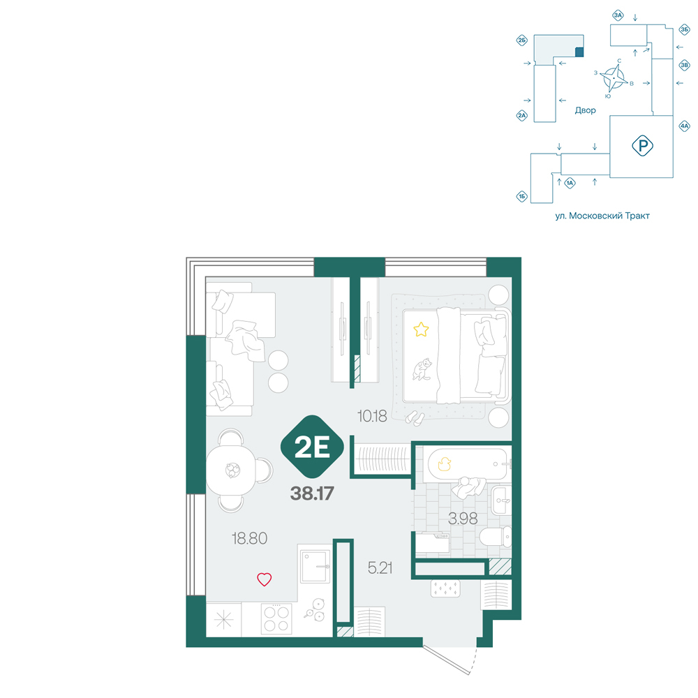Планировка: Евродвушка 38.2 м² в ЖК Сибирский, Московский тракт