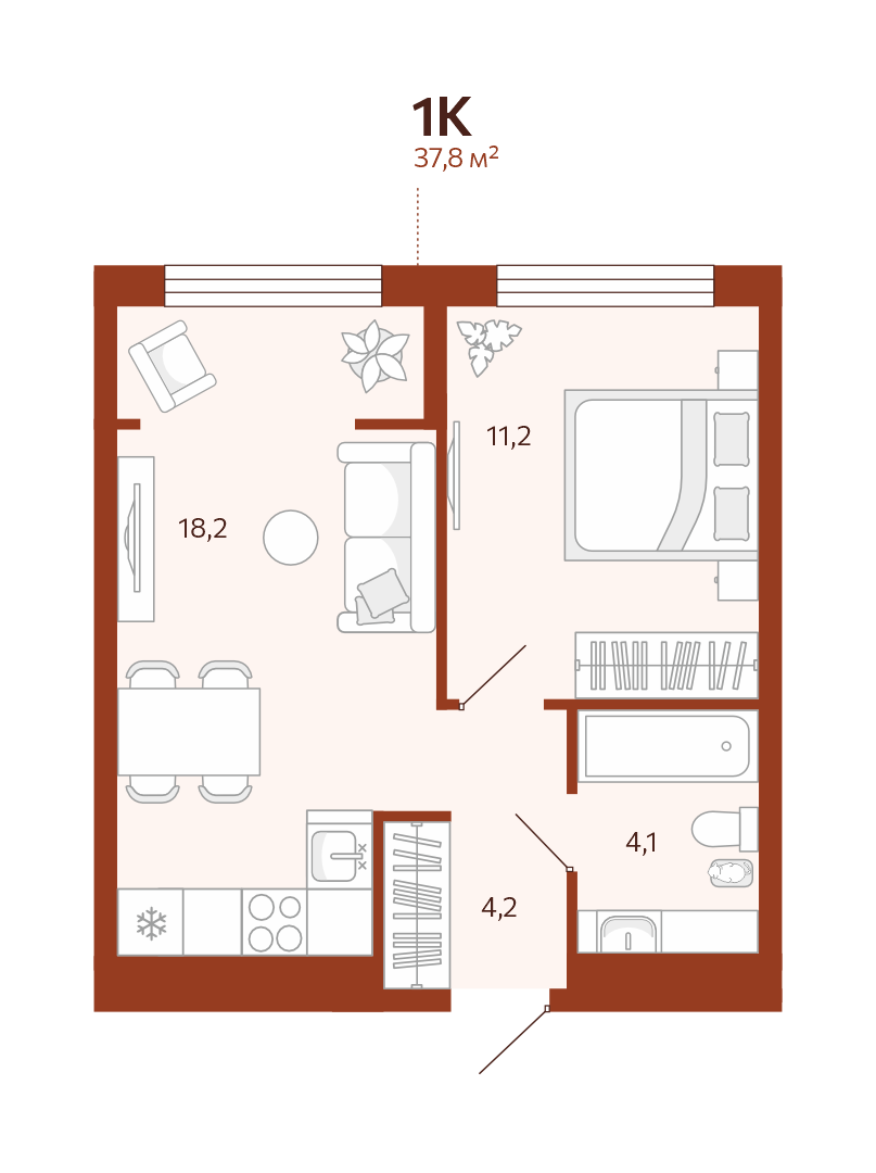 Планировка: Евродвушка 37.8 м² в ЖК Новатор, Центр: КПД