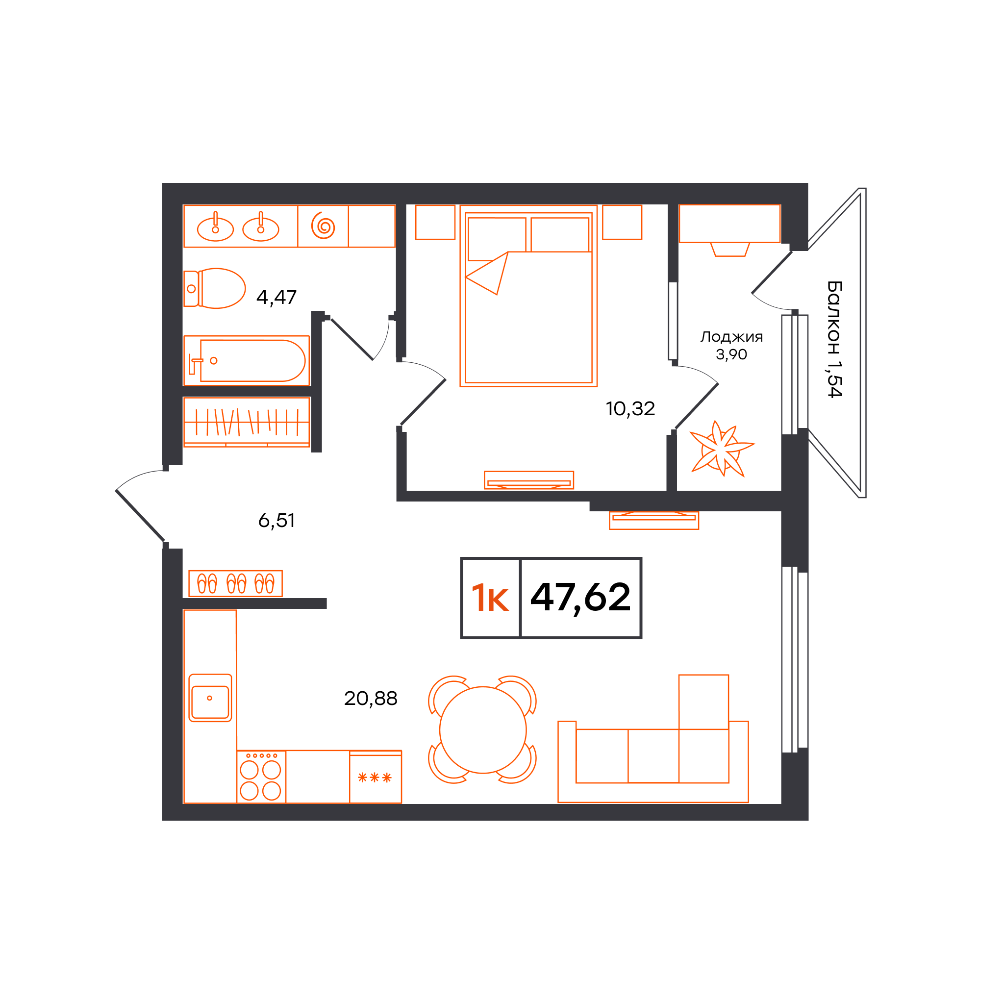 Планировка: Евродвушка 47.6 м² в ЖК Отличие, Комарово Парк